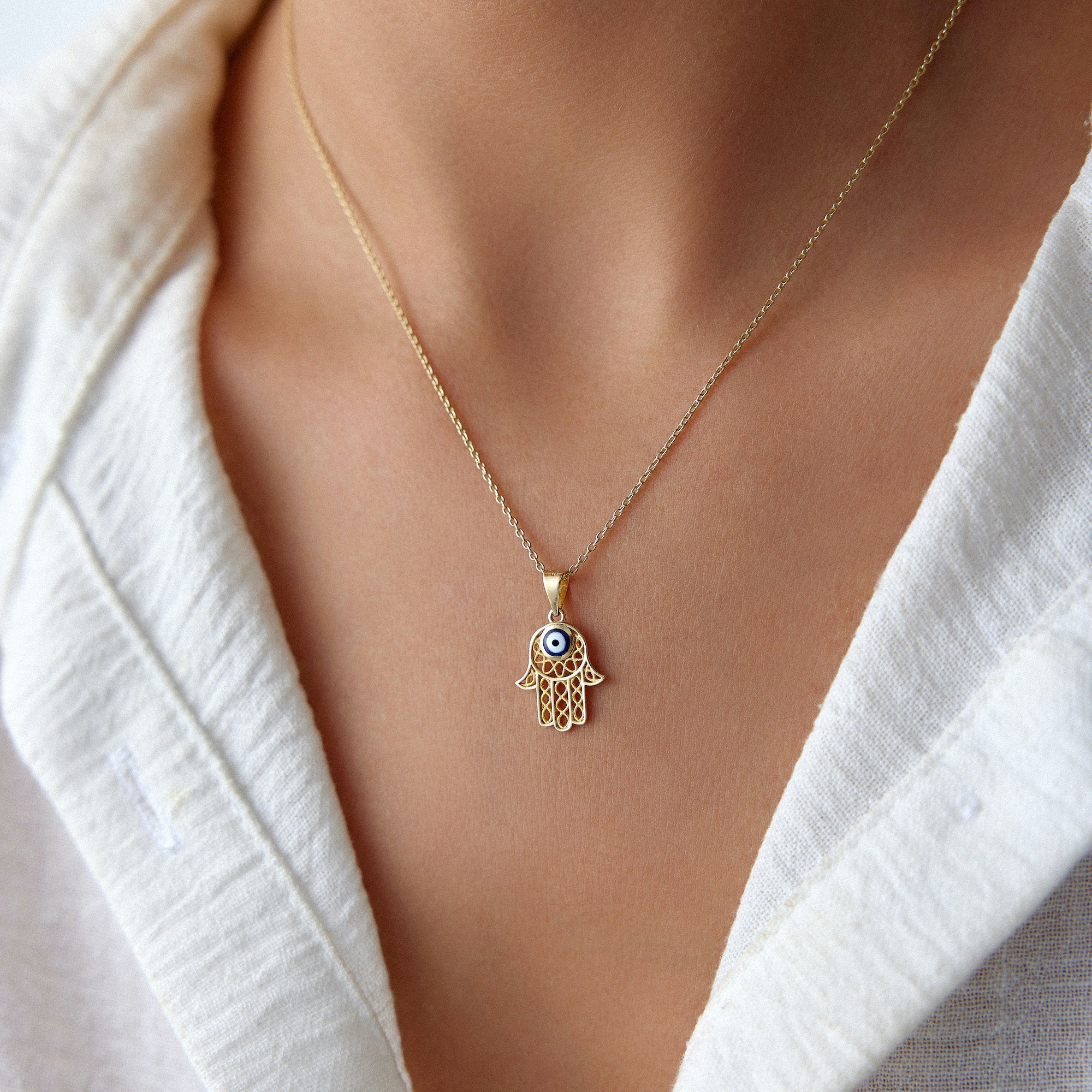 Small Navy Blue Hamsa Pendant in 14K Gold