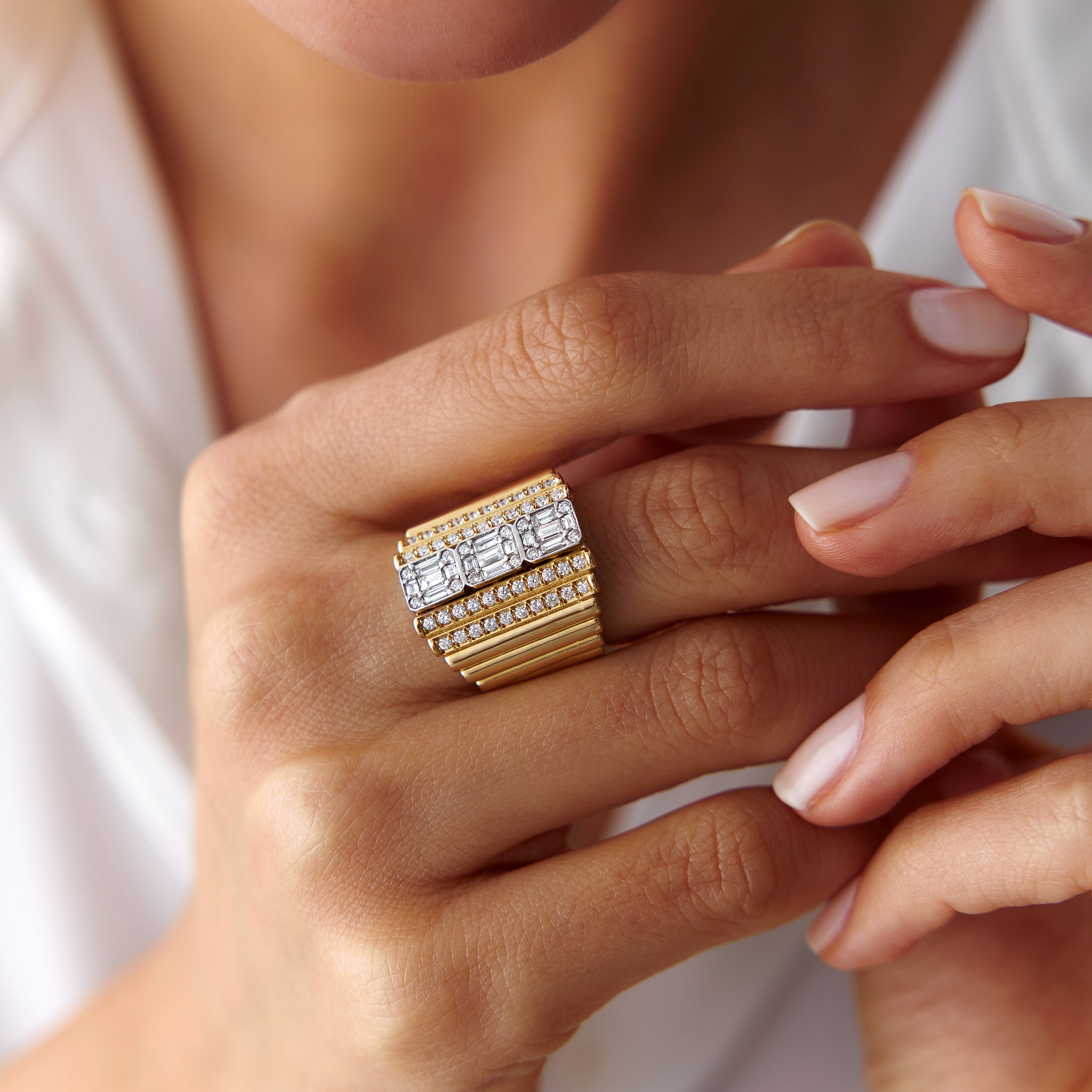 Large Textured Baguette Diamond Ring in 14K Gold