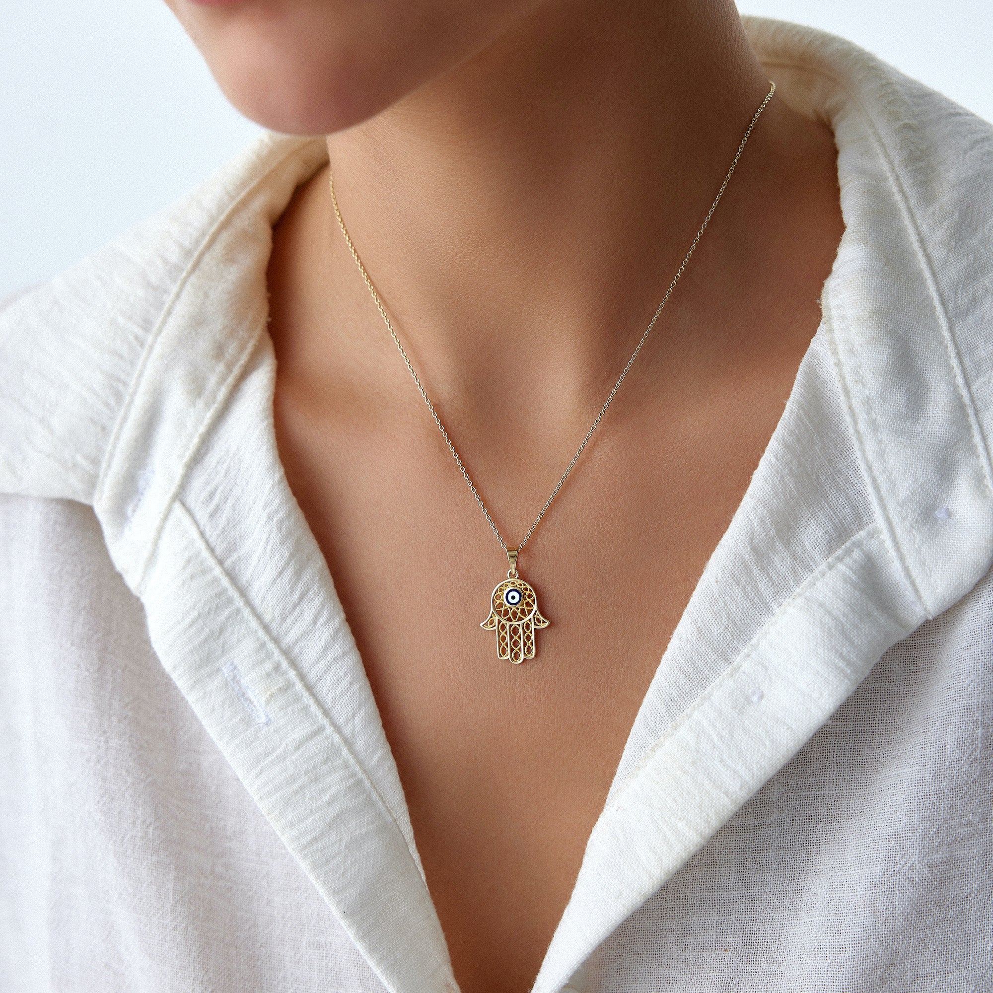 Large Navy Blue Hamsa Pendant in 14K Gold