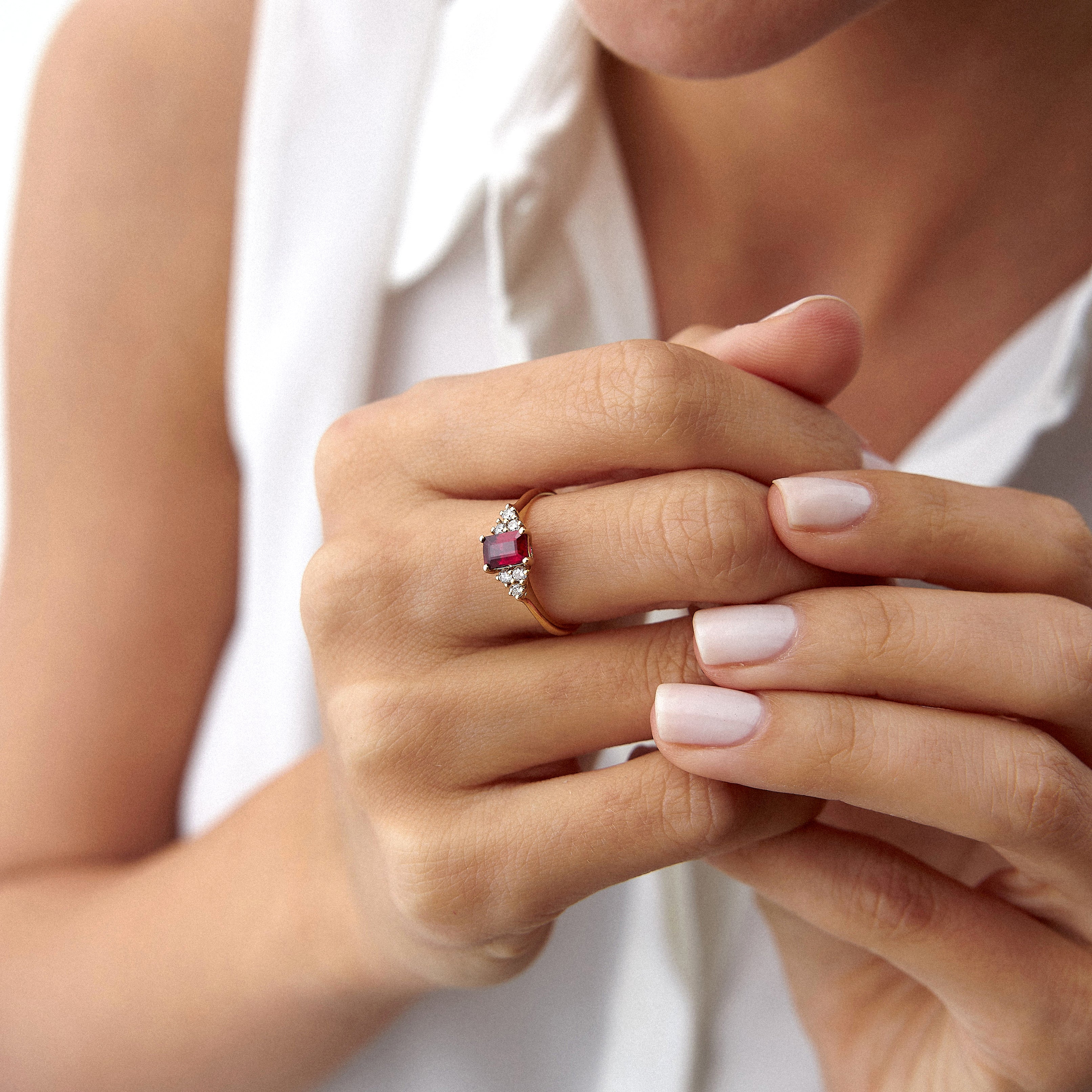 Natural Emerald Cut Ruby and Diamond Ring in 14K Gold