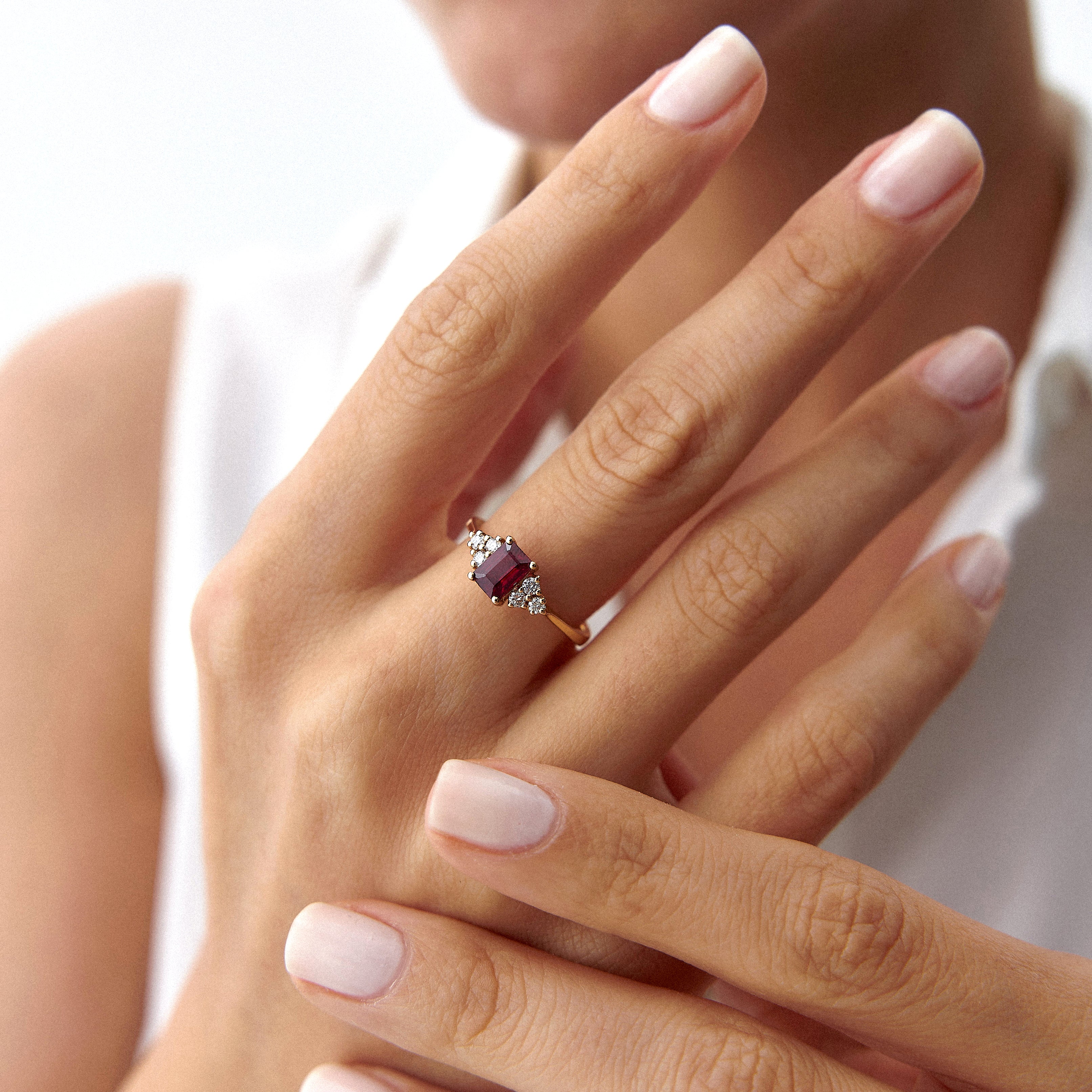 Natural Emerald Cut Ruby and Diamond Ring in 14K Gold
