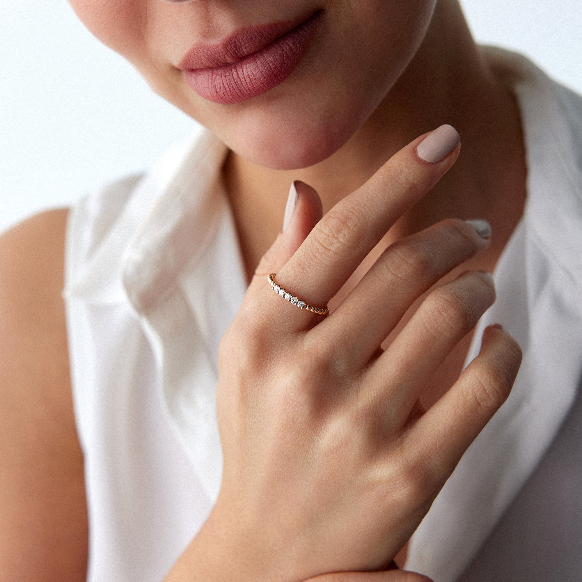 5 Diamond Beaded Stacking Ring in 14K Gold