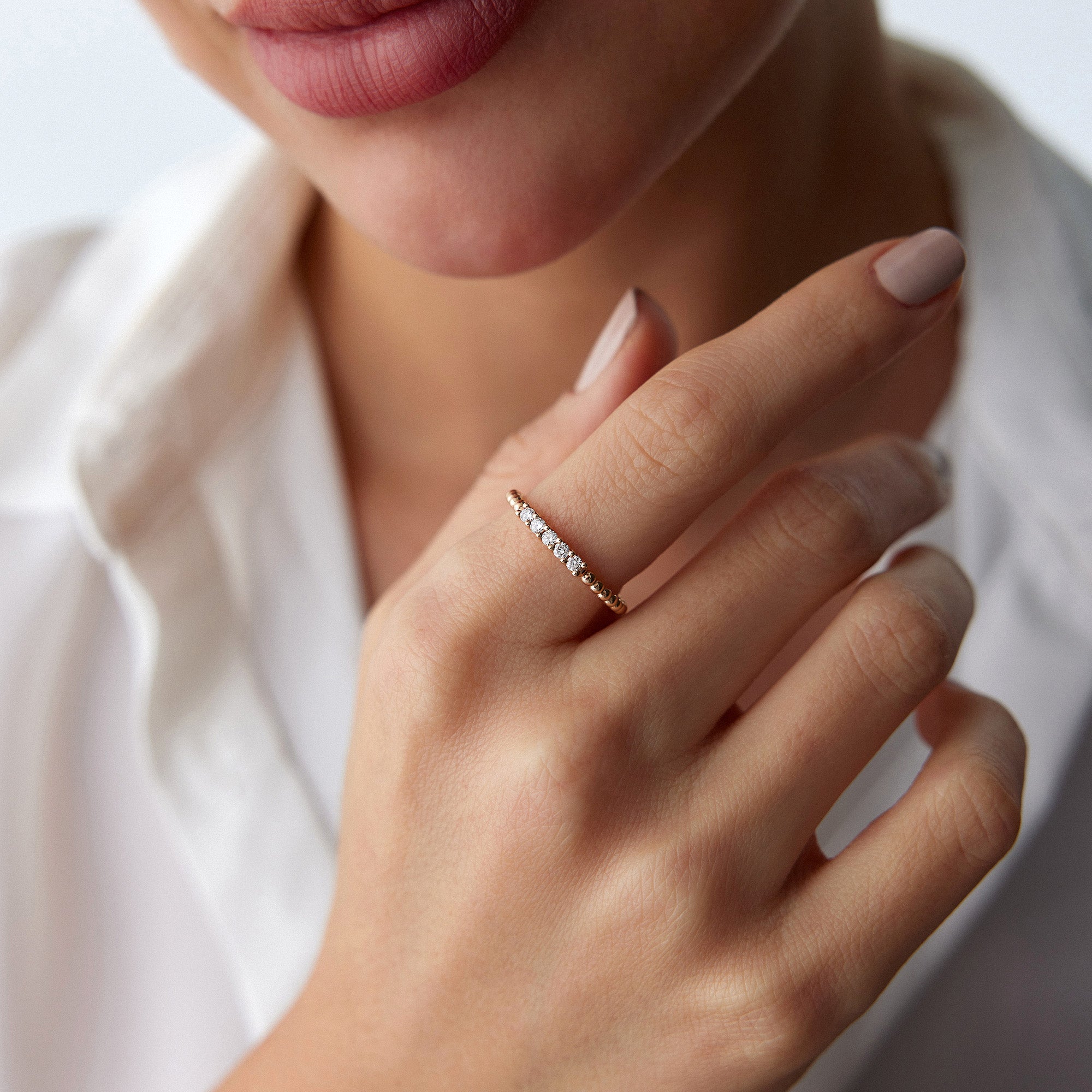 5 Diamond Beaded Stacking Ring in 14K Gold