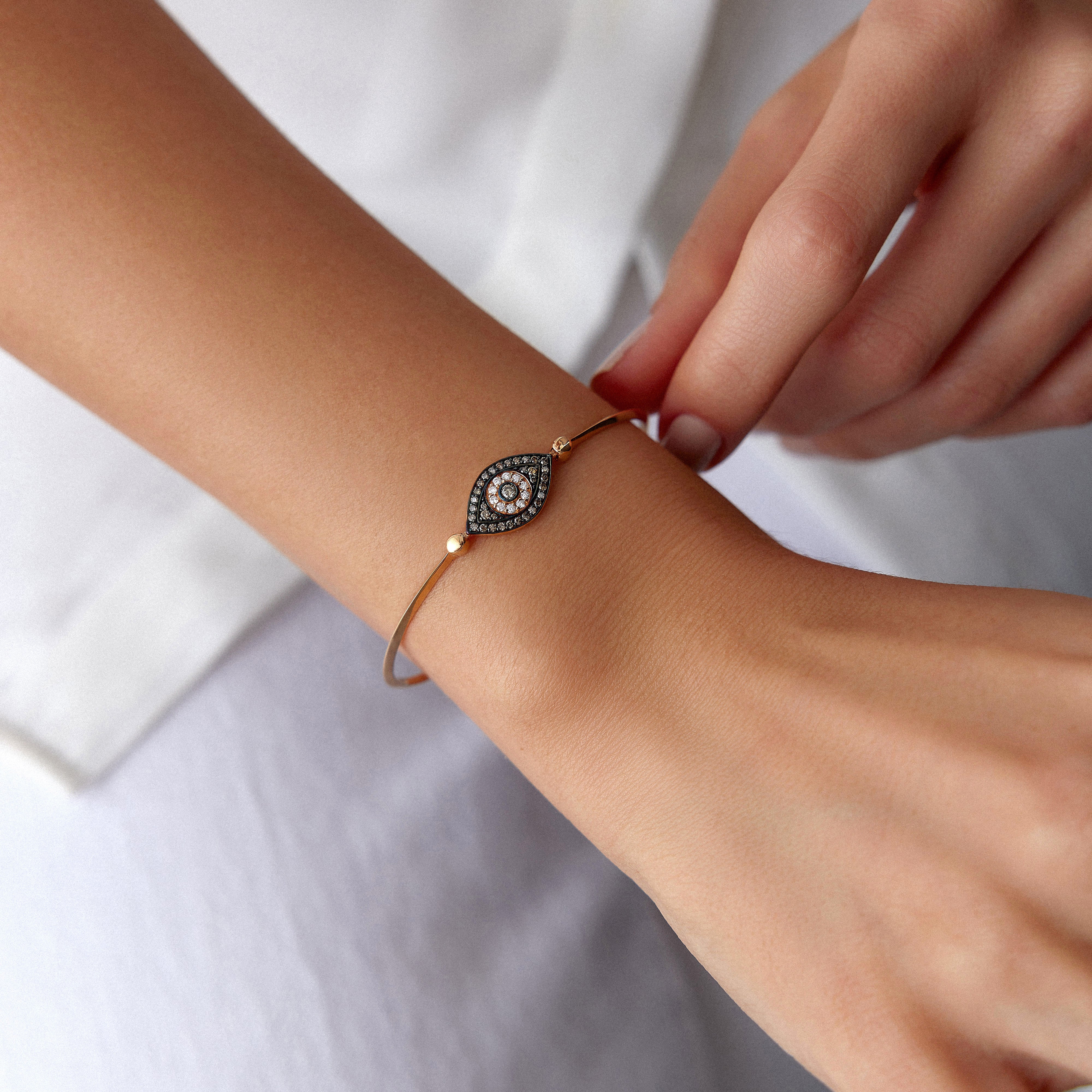 White and Chocolate Diamond Evil Eye Bracelet Available in 14K and 18K Gold