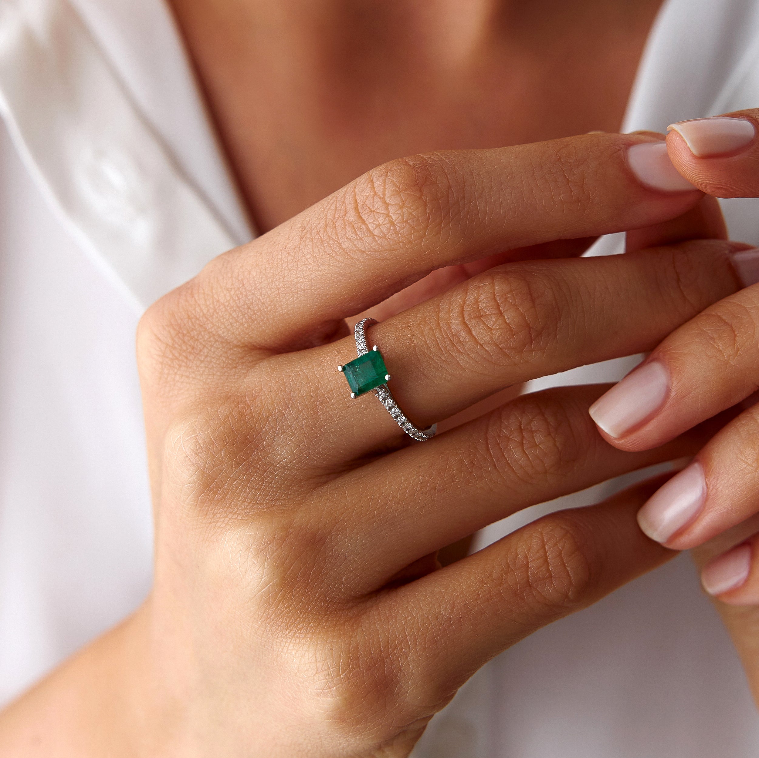 Emerald Cut Emerald and Diamond Ring in 14K Gold