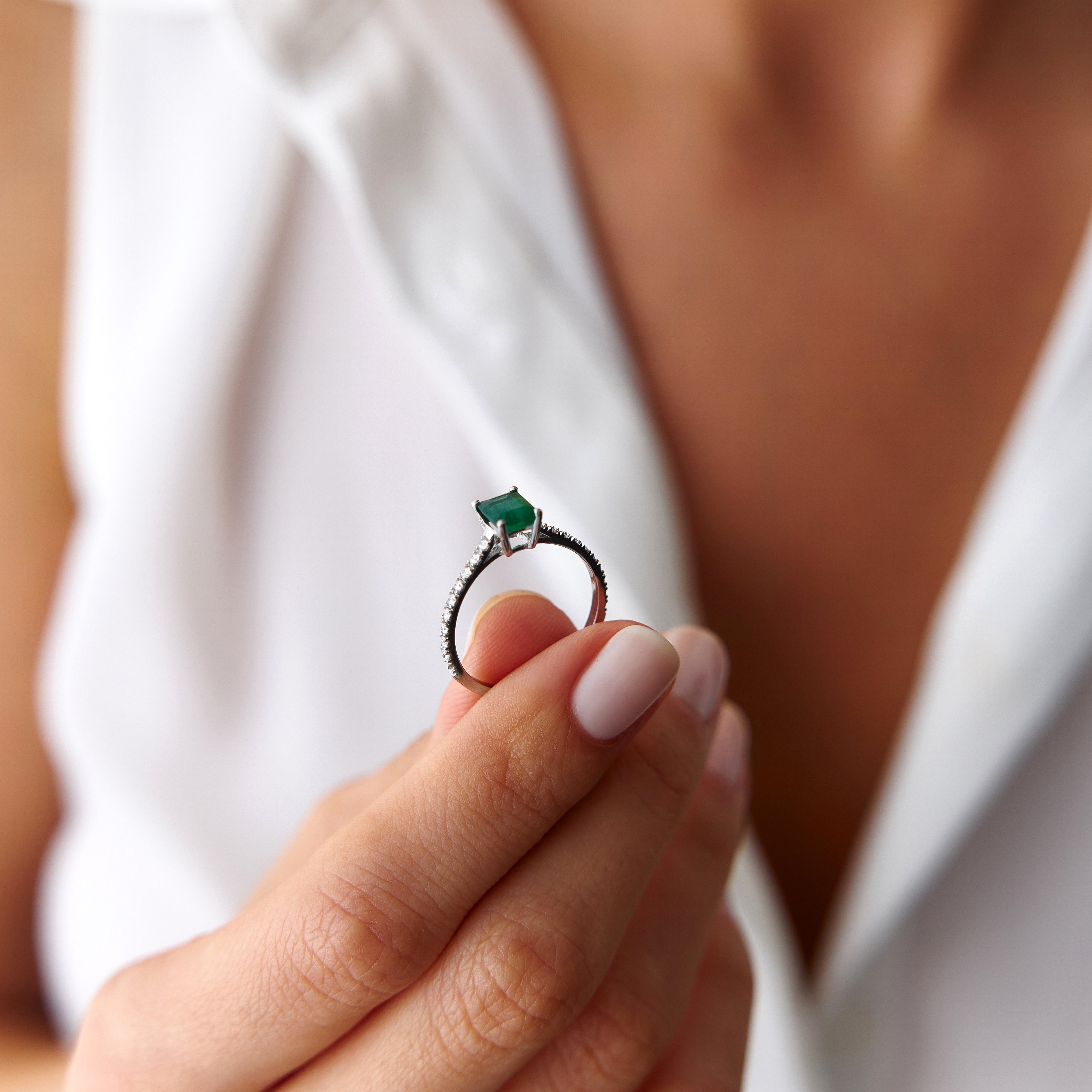 Emerald Cut Emerald and Diamond Ring in 14K Gold