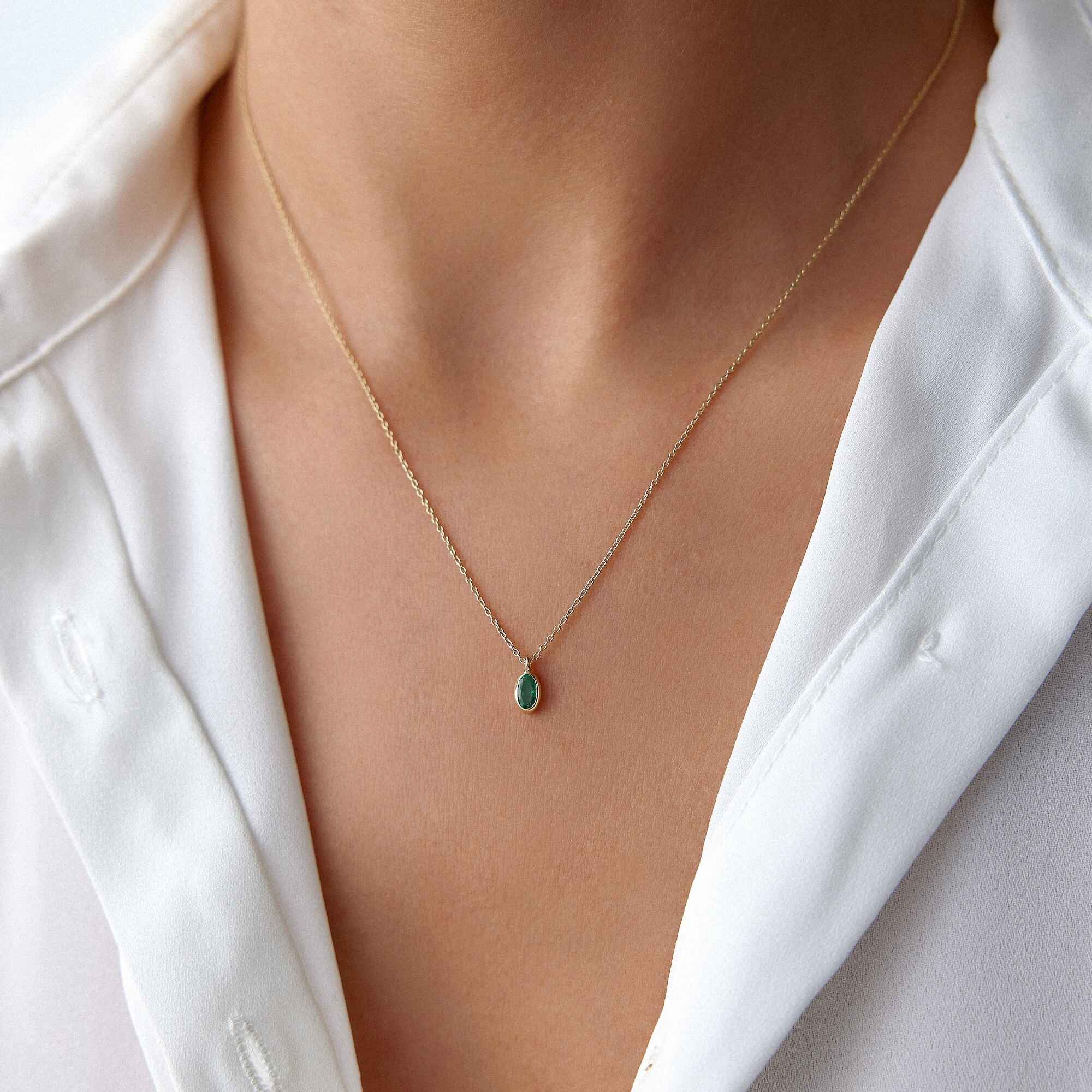 Oval Cut Emerald Solitaire Necklace