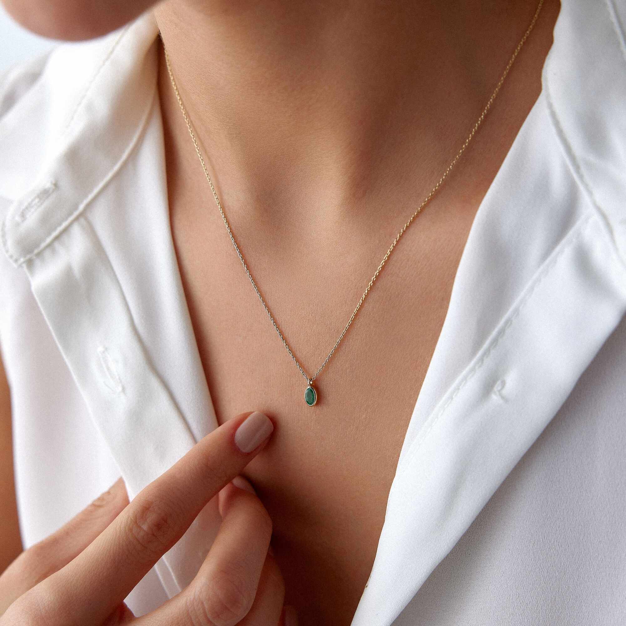 Oval Cut Emerald Solitaire Necklace