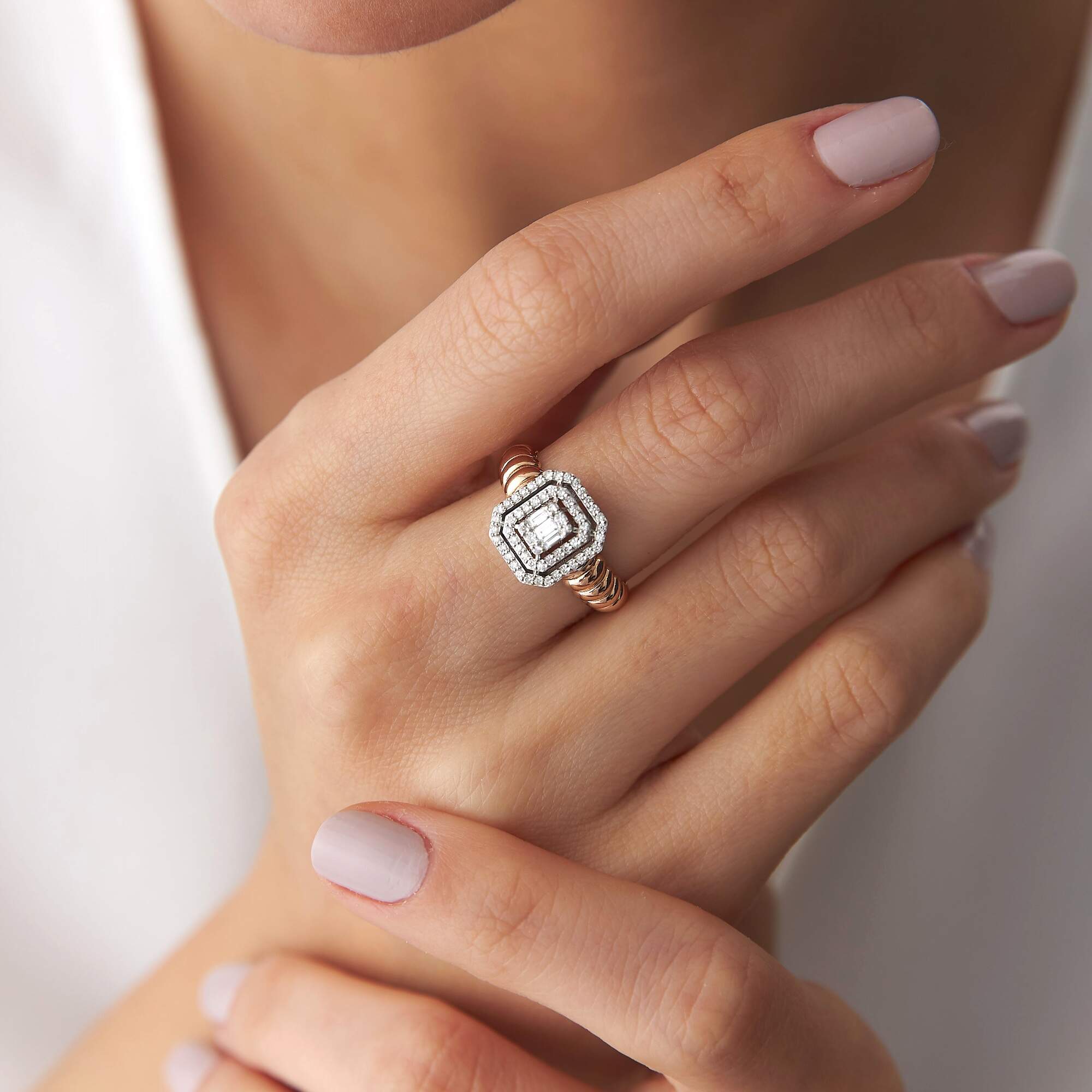 Double Halo Baguette Ring in 14K Gold