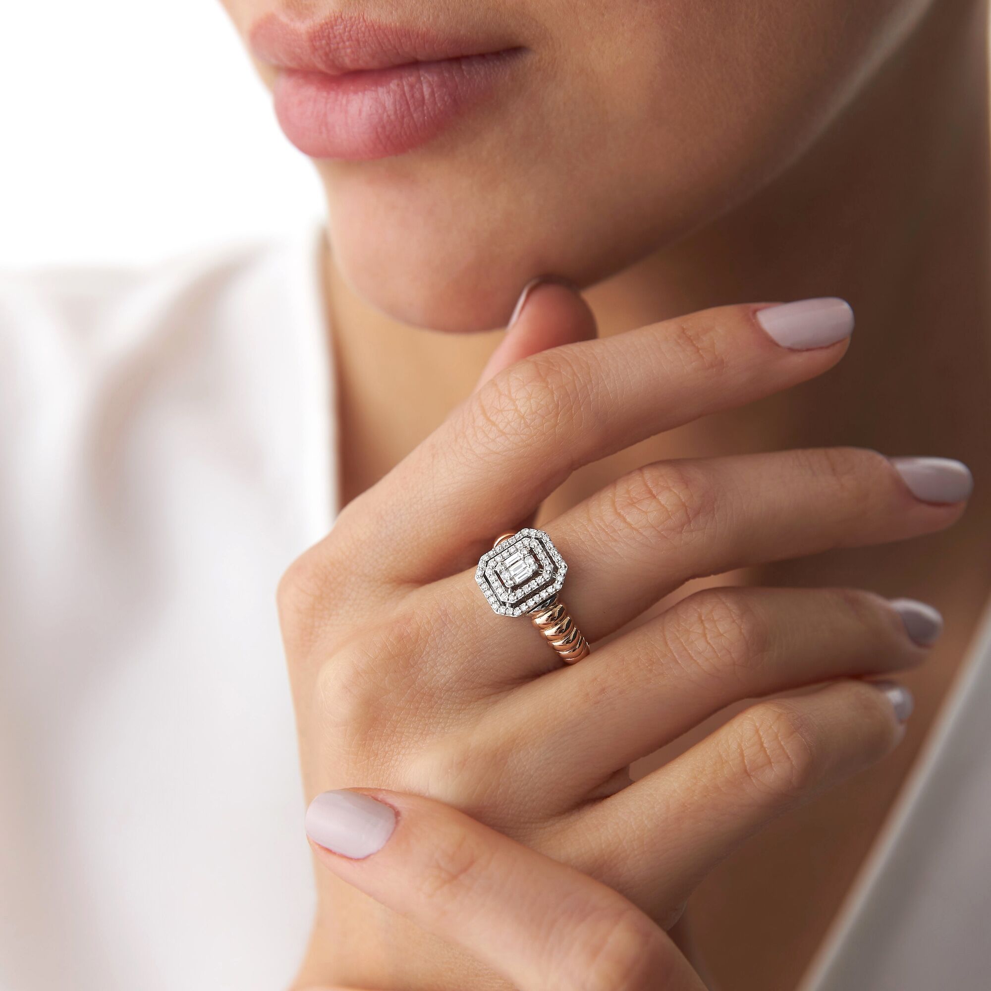 Double Halo Baguette Ring in 14K Gold