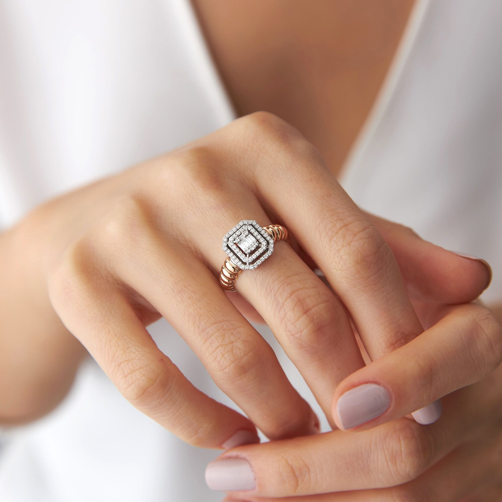Double Halo Baguette Ring in 14K Gold
