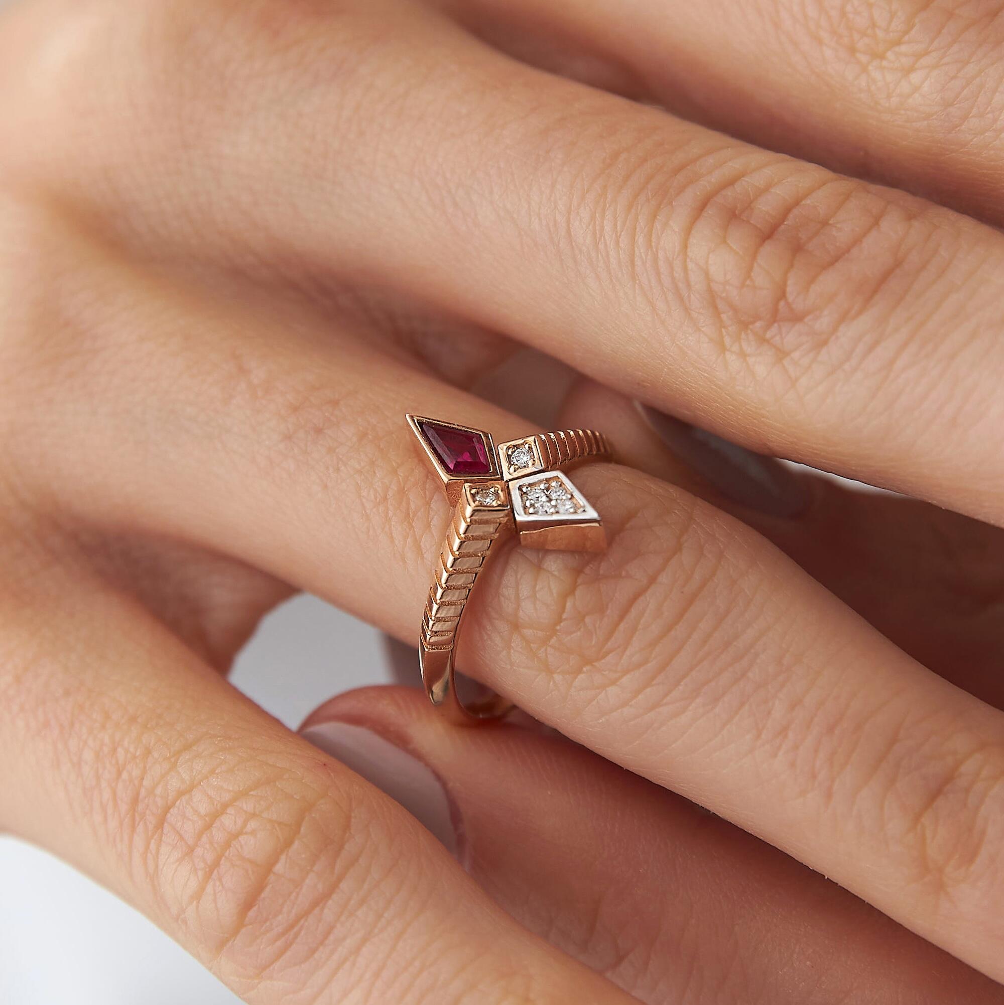 Kite Cut Ruby and Diamond Ring in 14K Gold
