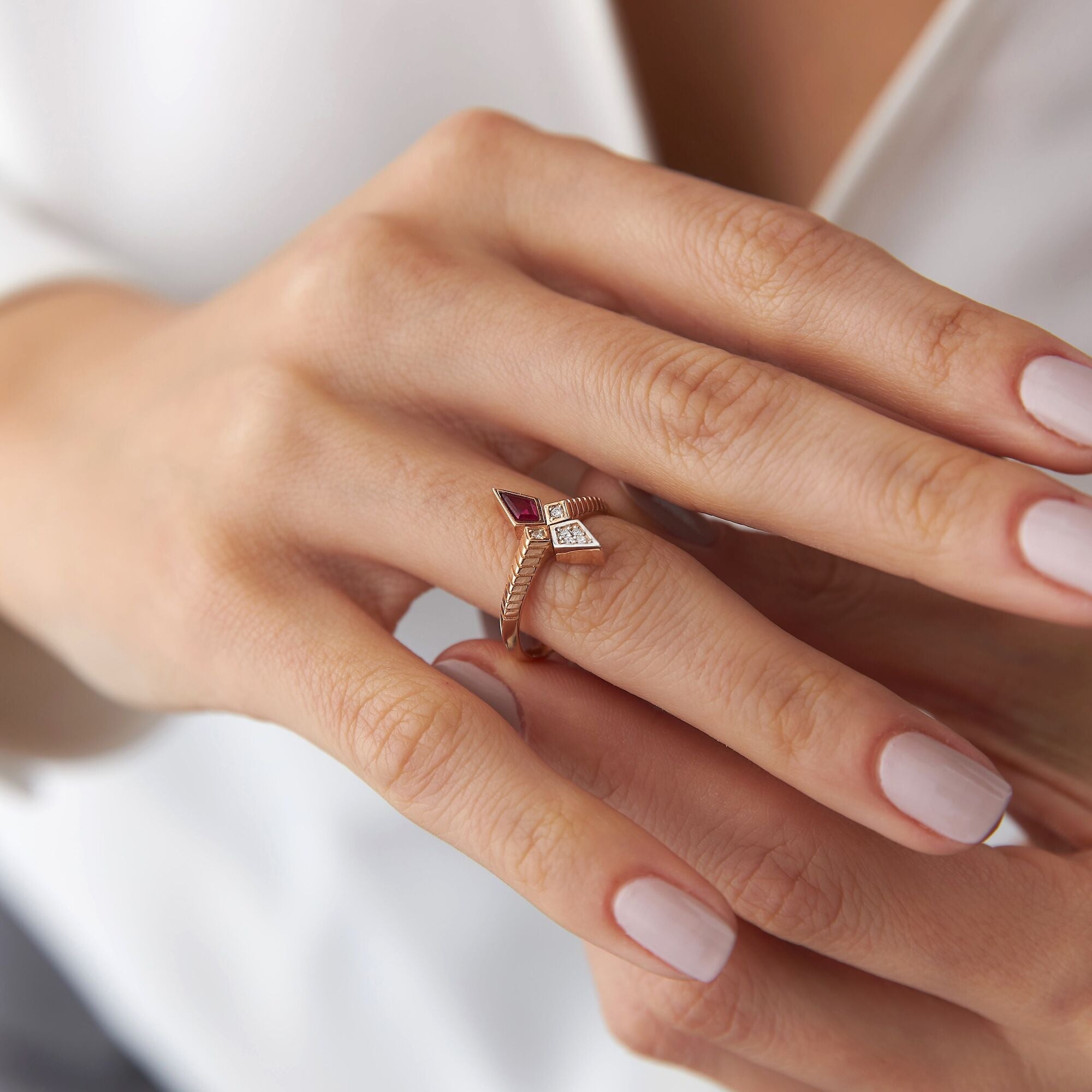 Kite Cut Ruby and Diamond Ring in 14K Gold