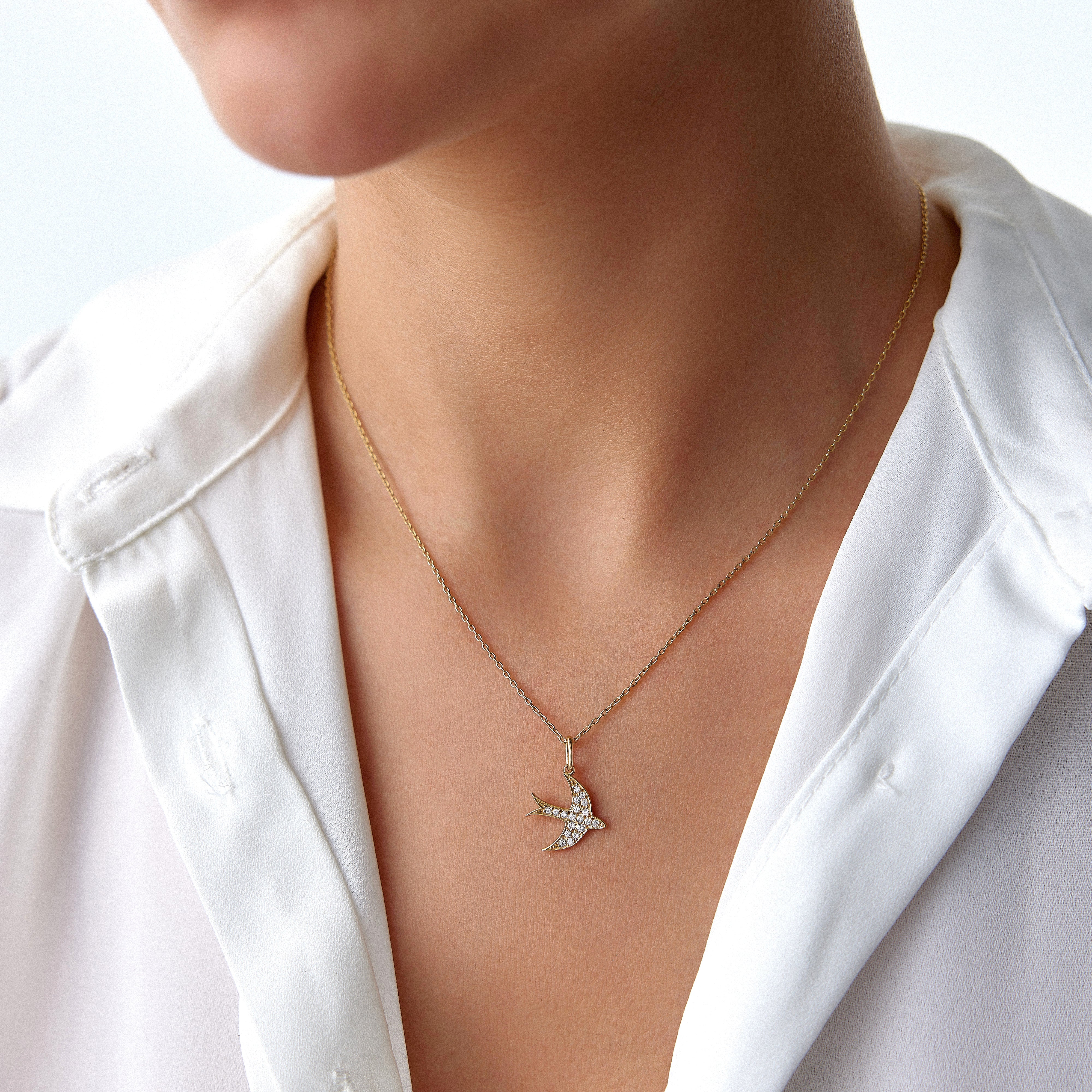 Diamond Swallow Bird Necklace in 14K Gold