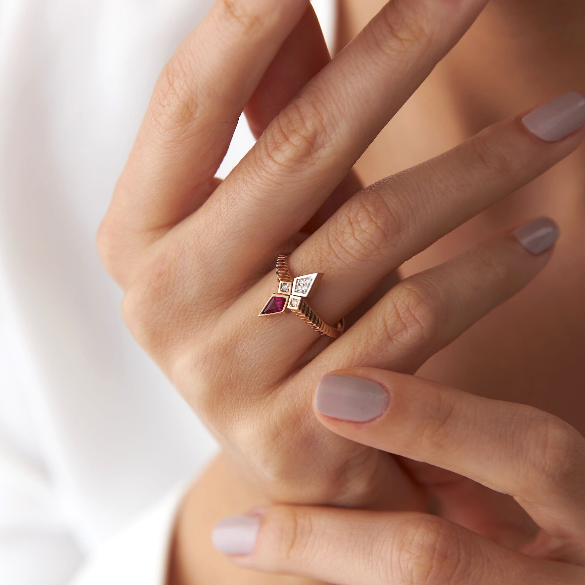 Kite Cut Ruby and Diamond Ring in 14K Gold