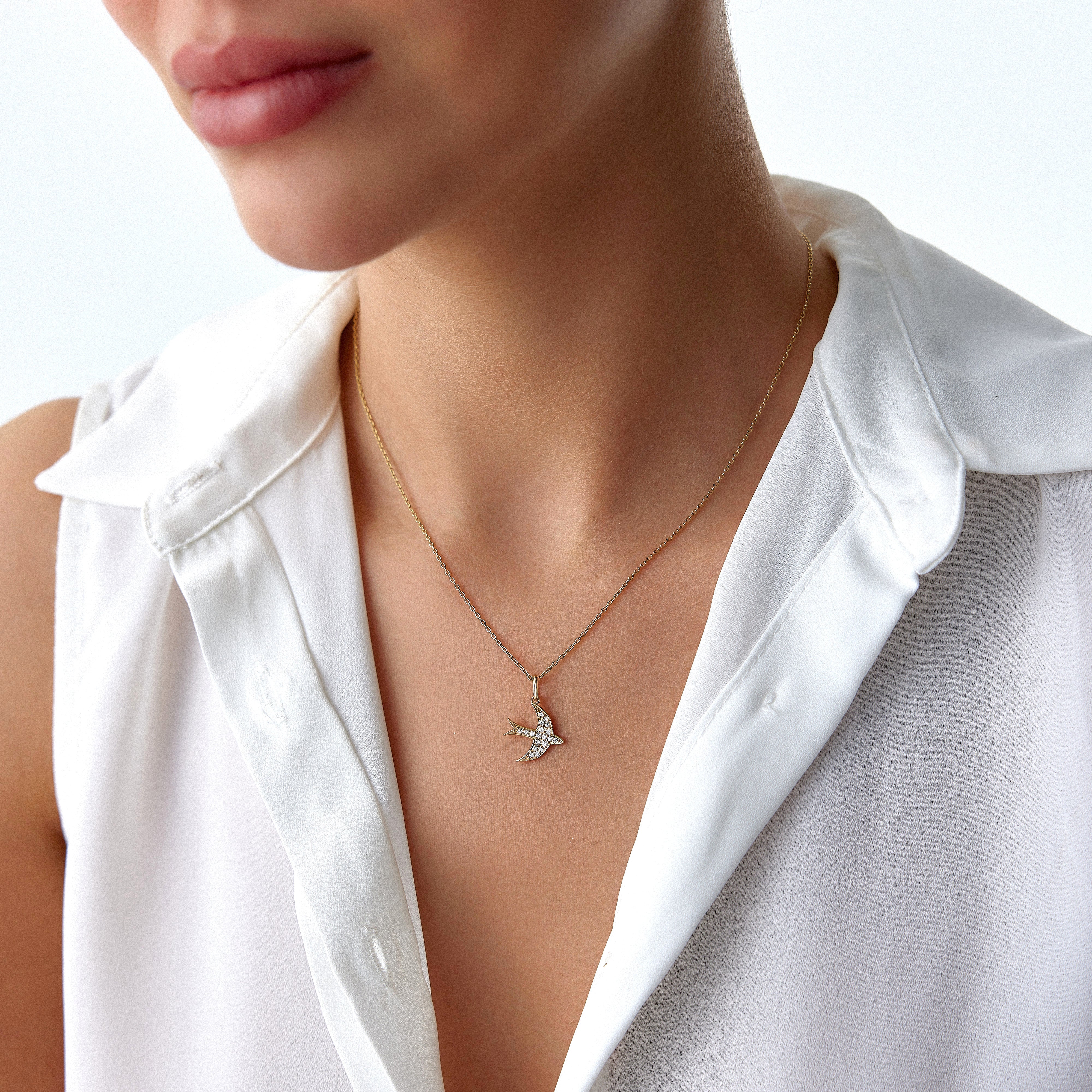 Diamond Swallow Bird Necklace in 14K Gold