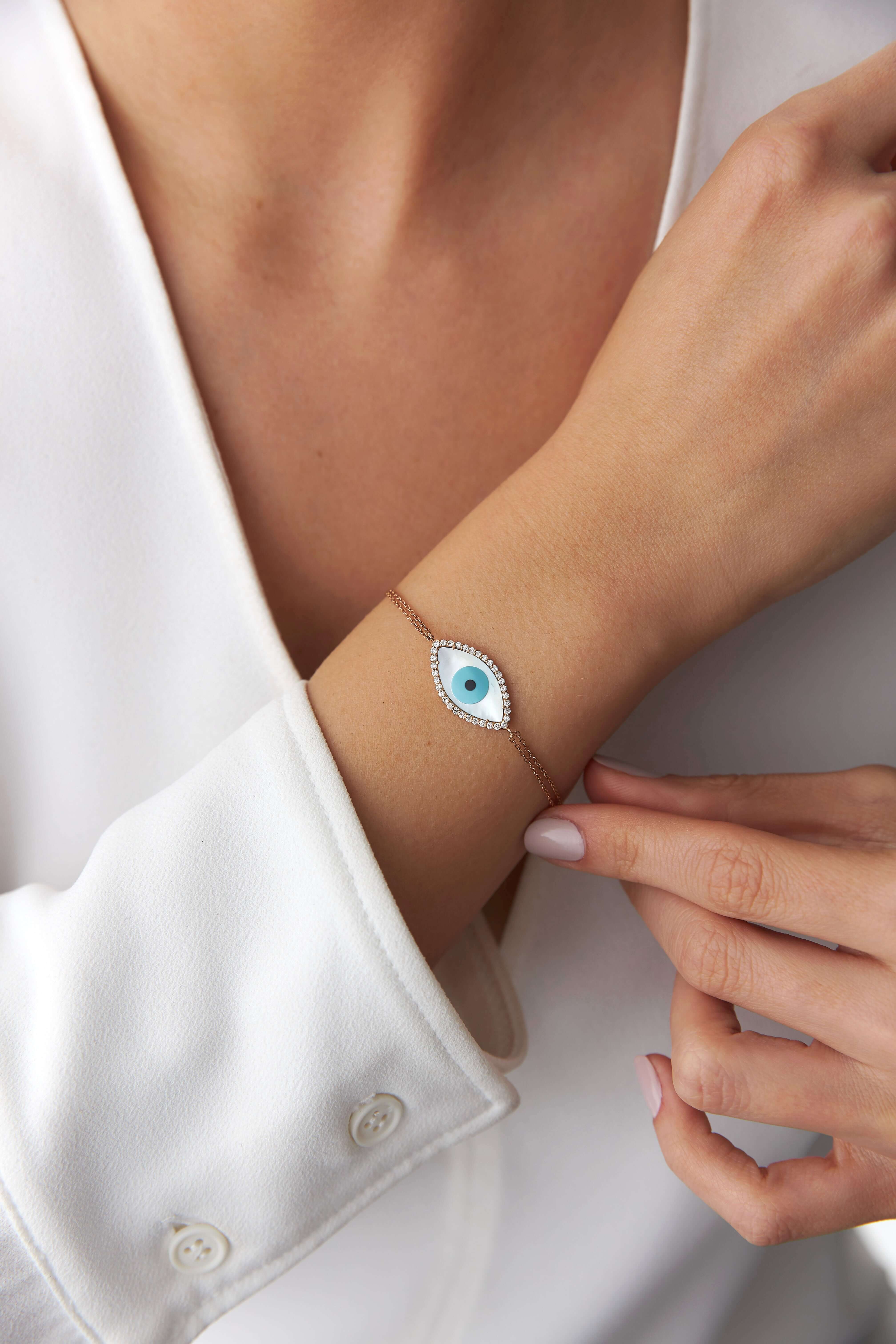 Diamond and Mother of Pearl Evil Eye Bracelet in 14K Gold