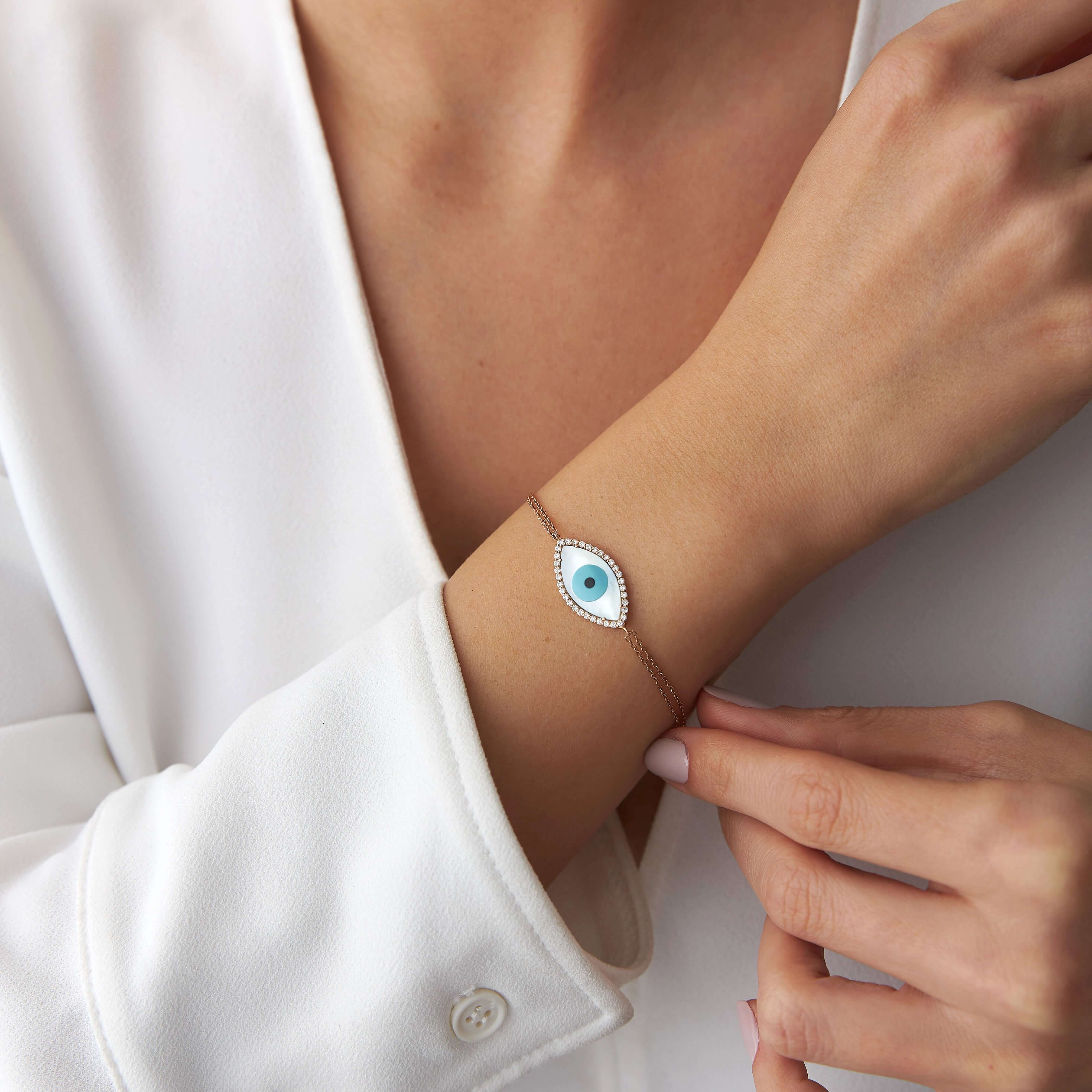 Diamond and Mother of Pearl Evil Eye Bracelet in 14K Gold