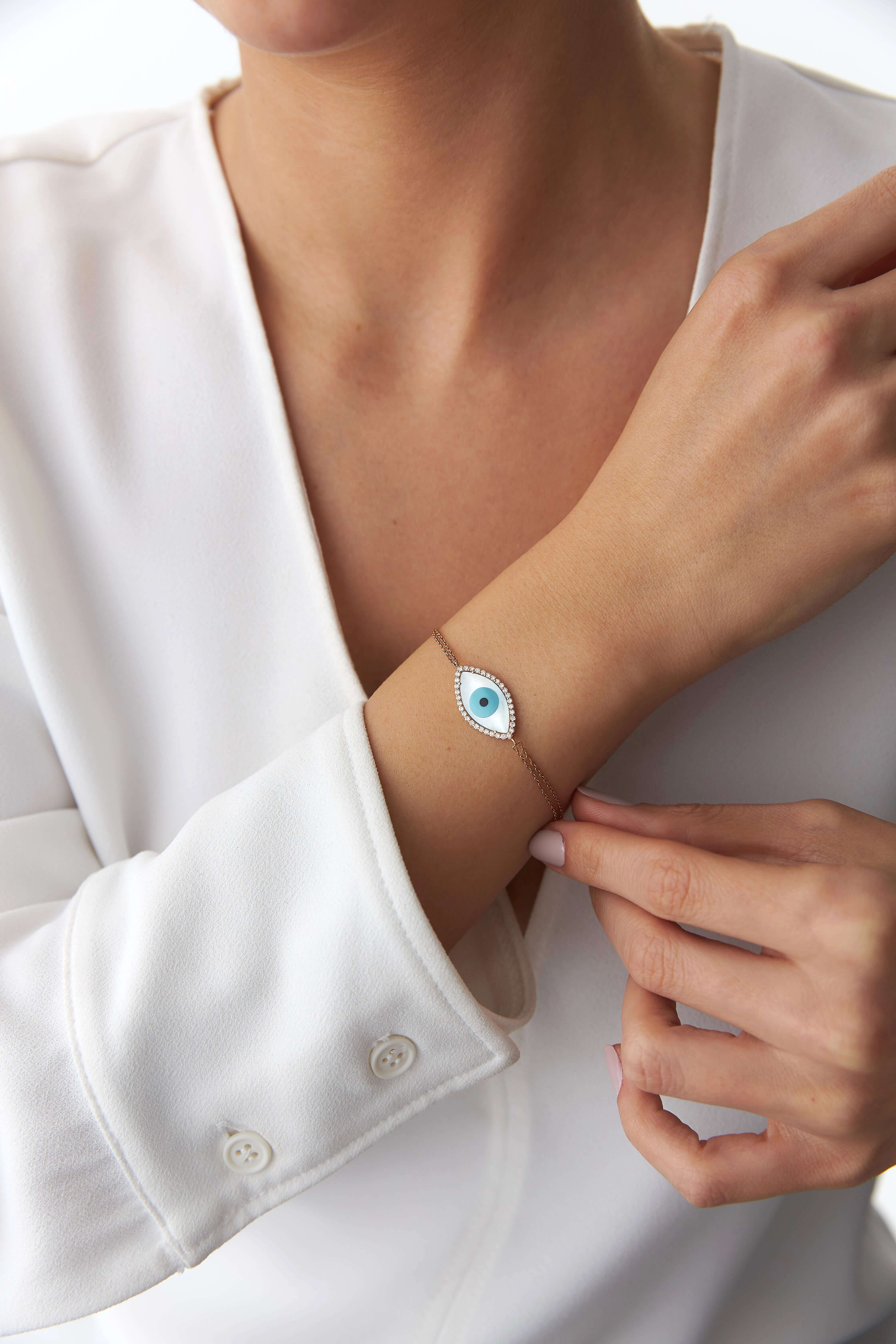 Diamond and Mother of Pearl Evil Eye Bracelet in 14K Gold