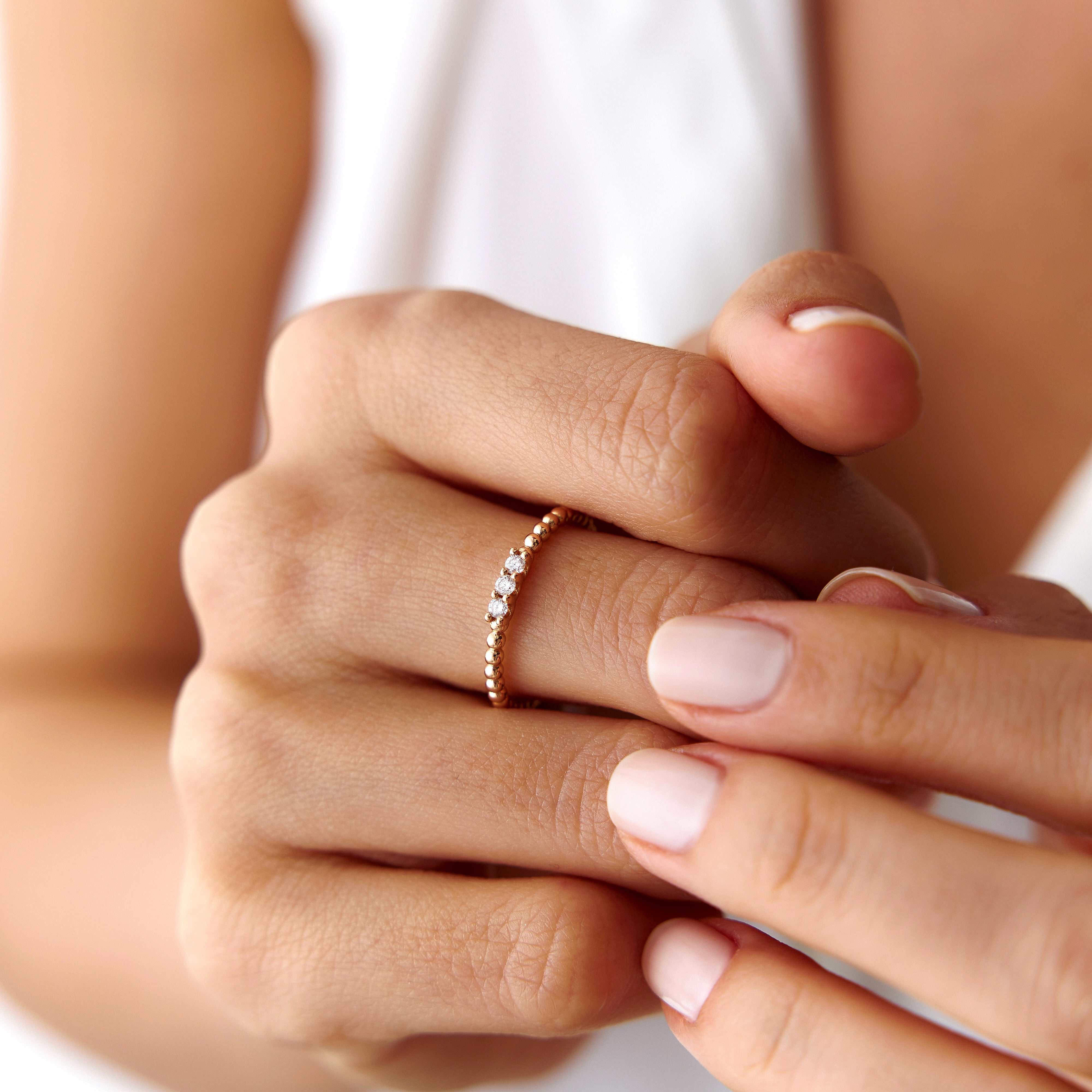 3 Diamond Beaded Stacking Ring in 14K Gold