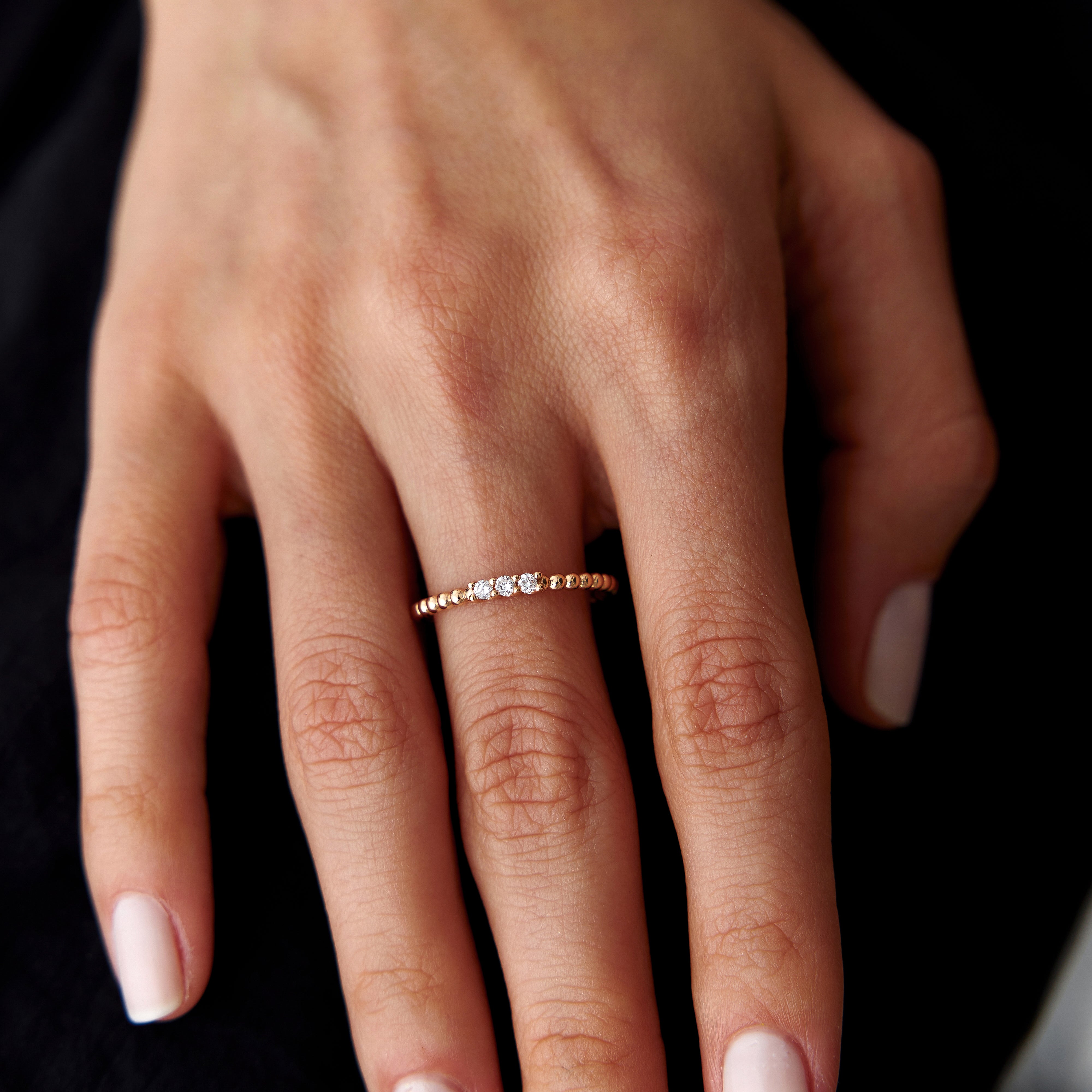 3 Diamond Beaded Stacking Ring in 14K Gold