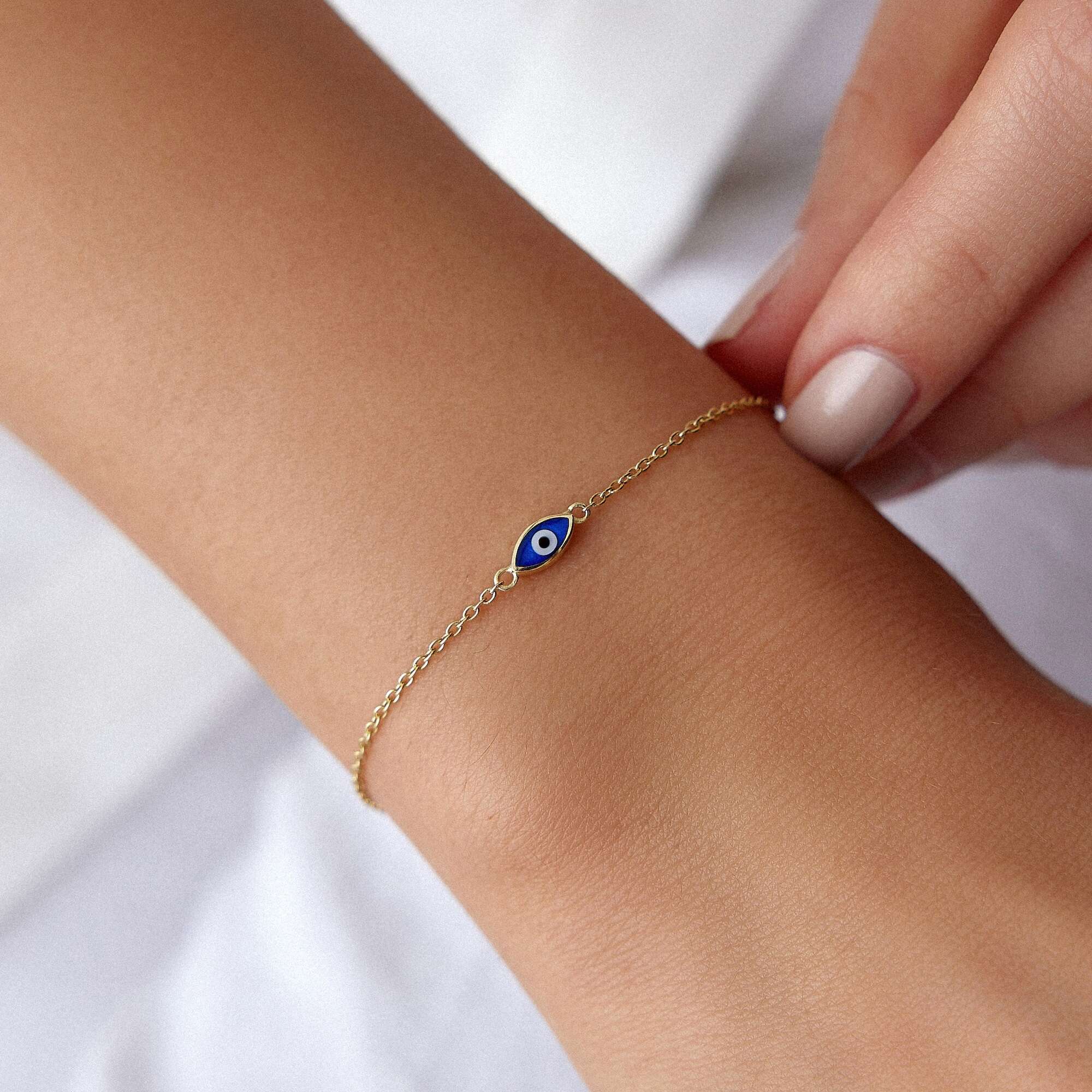 Navy Blue Evil Eye Bracelet in 14K Gold