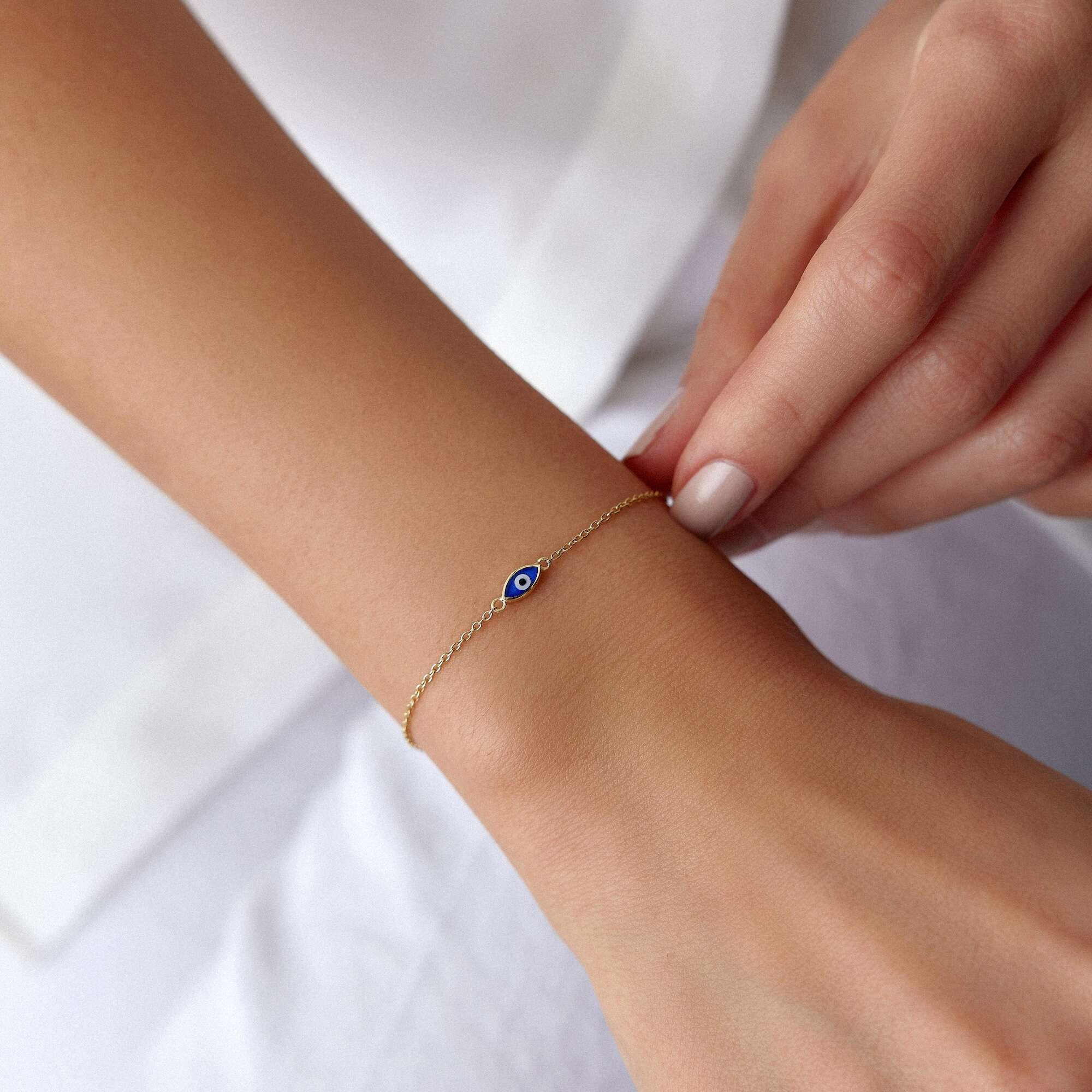 Navy Blue Evil Eye Bracelet in 14K Gold