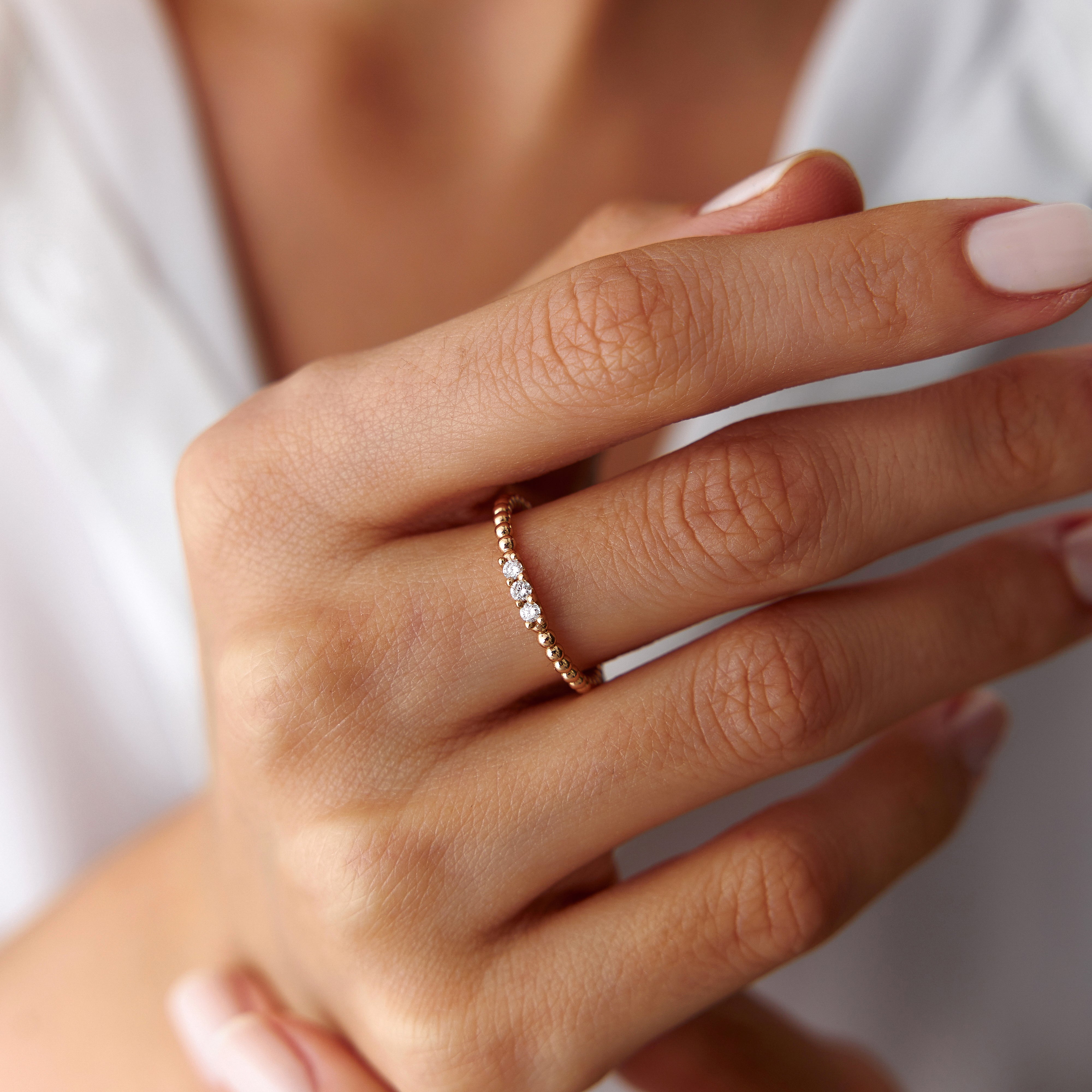 3 Diamond Beaded Stacking Ring in 14K Gold