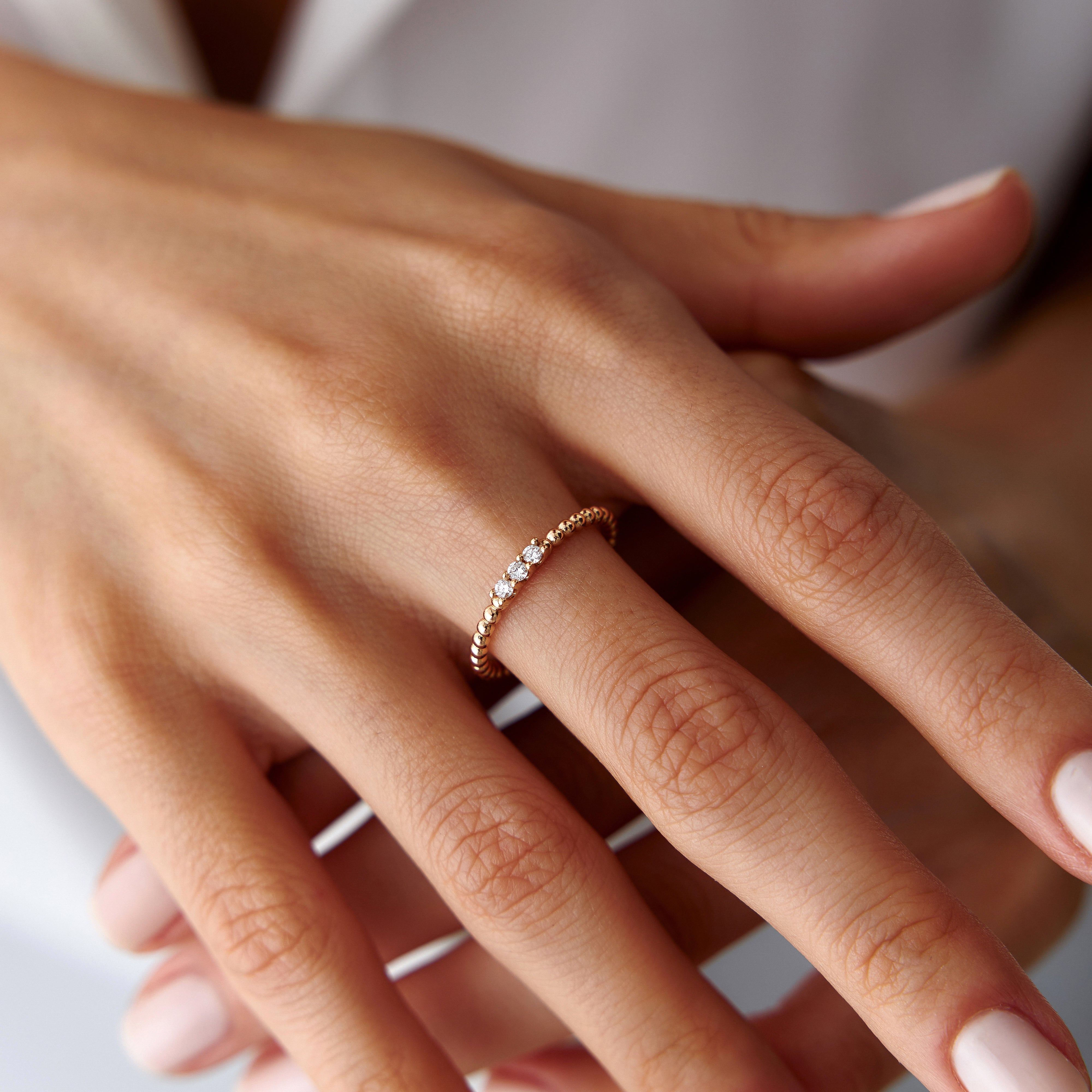 3 Diamond Beaded Stacking Ring in 14K Gold