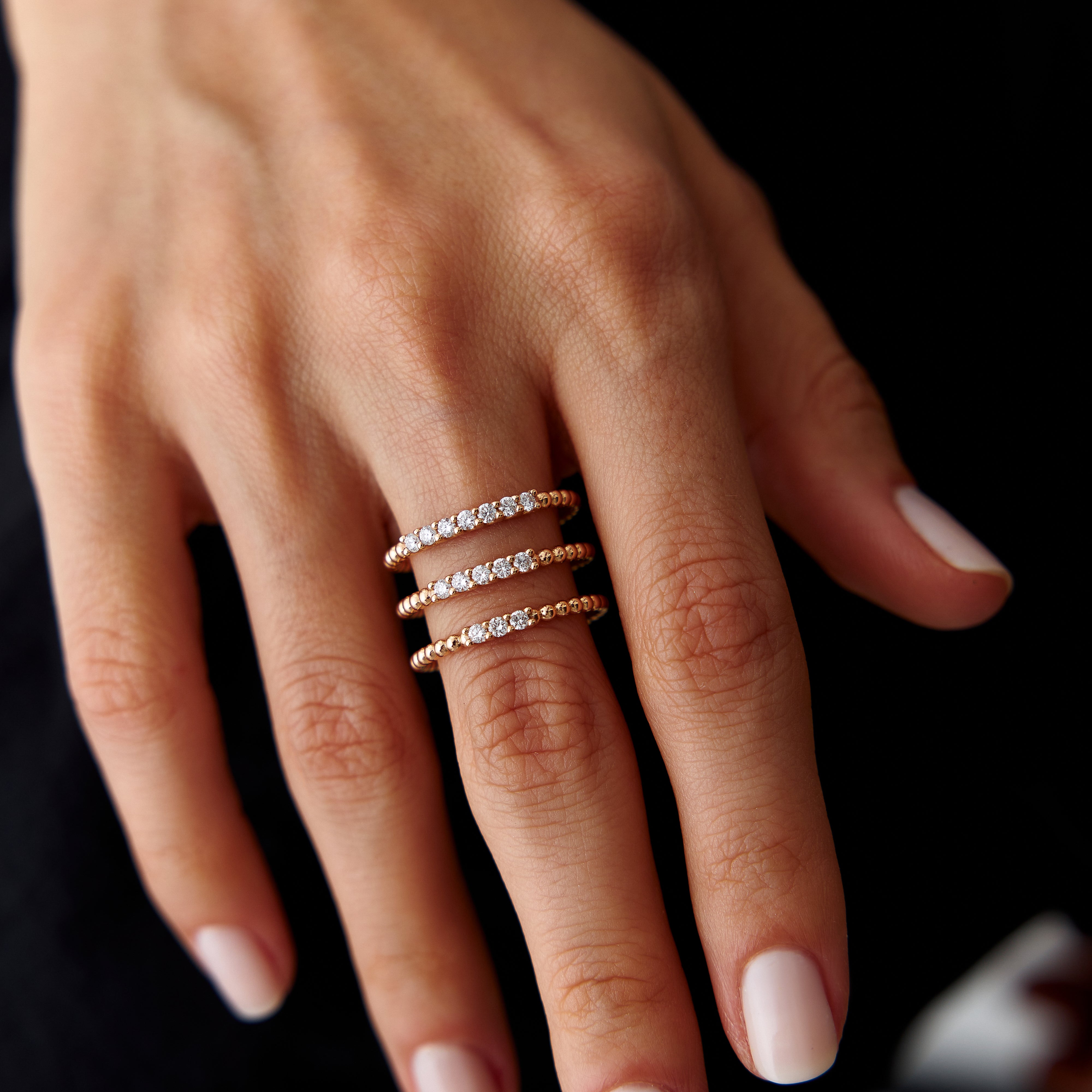 7 Diamond Beaded Stacking Ring in 14K Gold