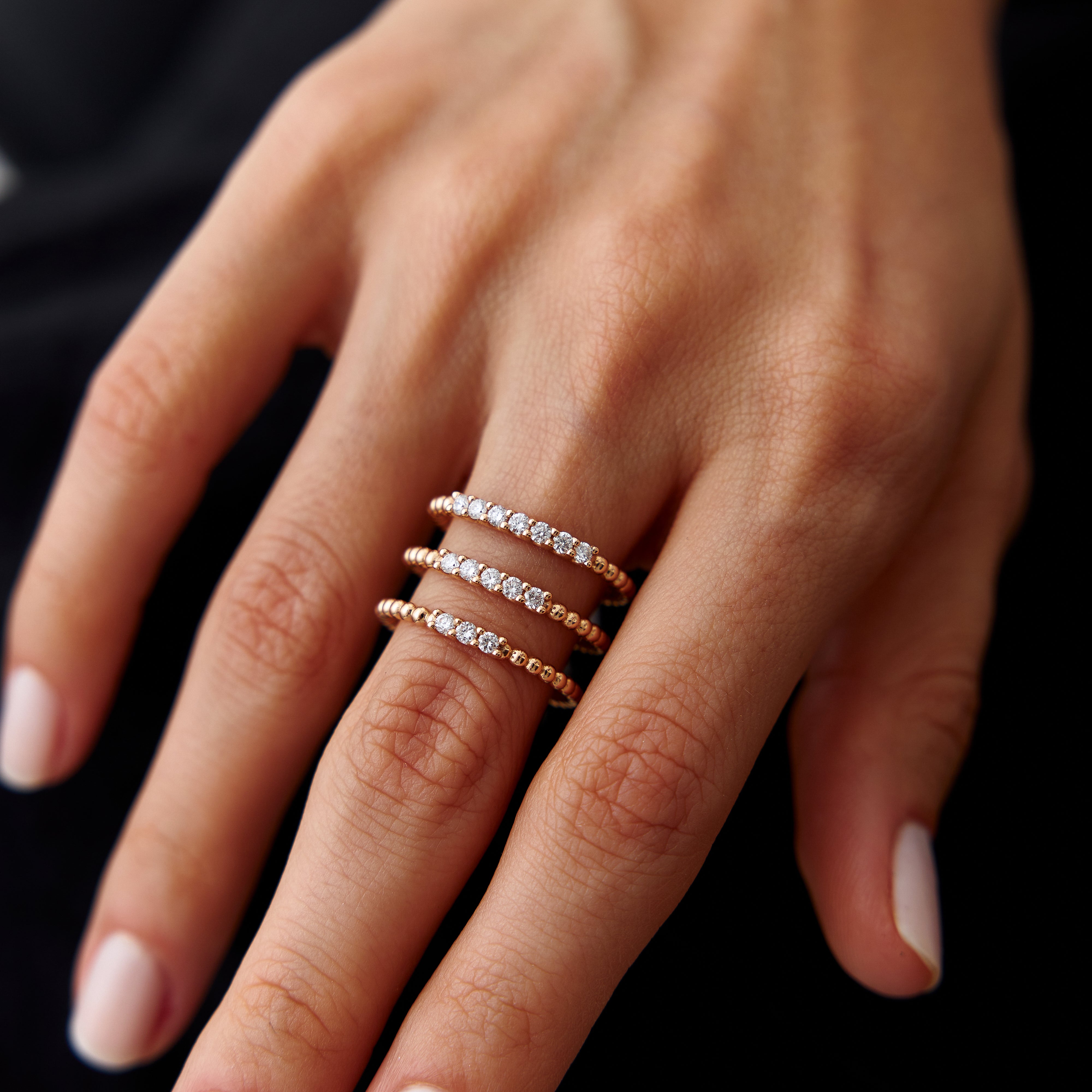 7 Diamond Beaded Stacking Ring in 14K Gold