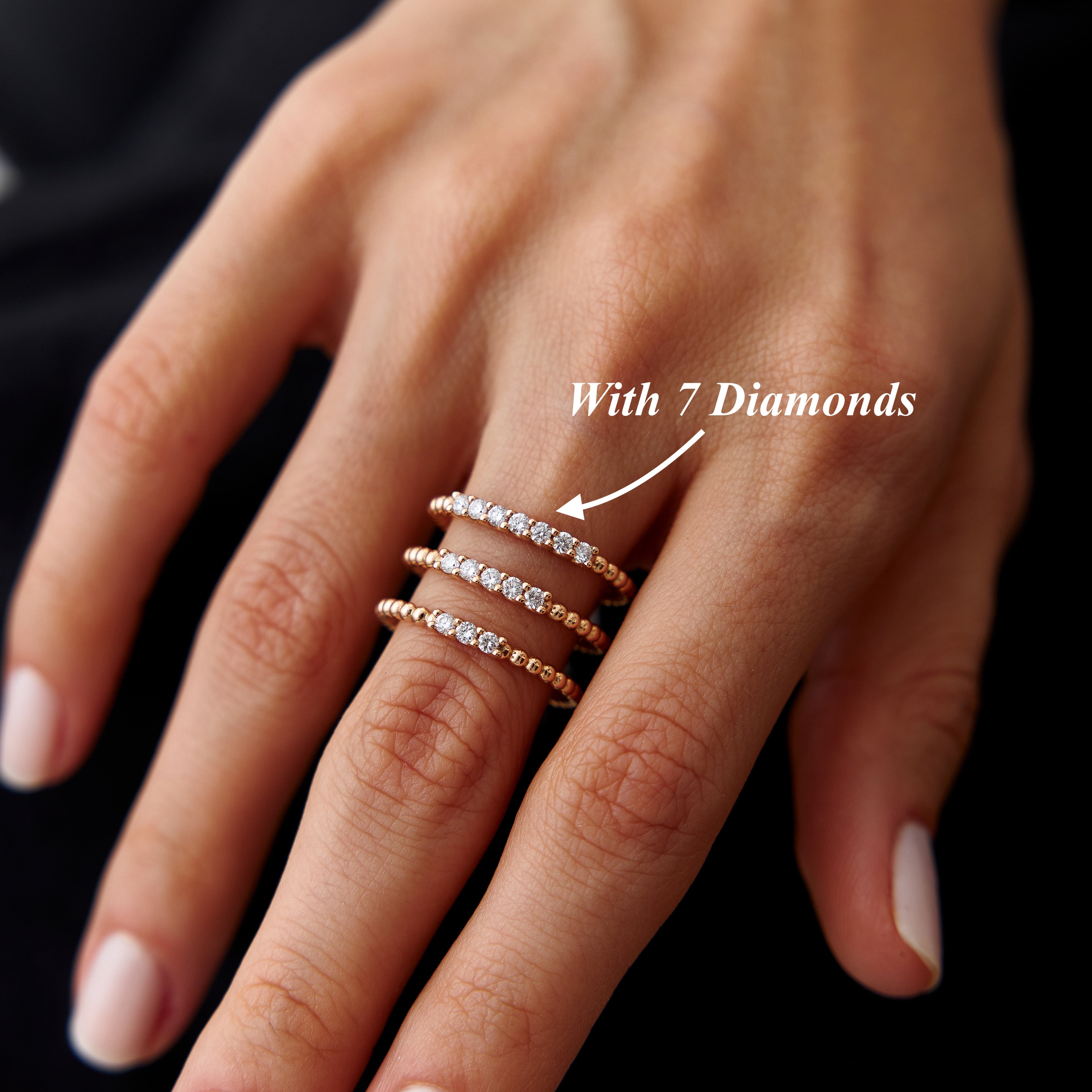 7 Diamond Beaded Stacking Ring in 14K Gold