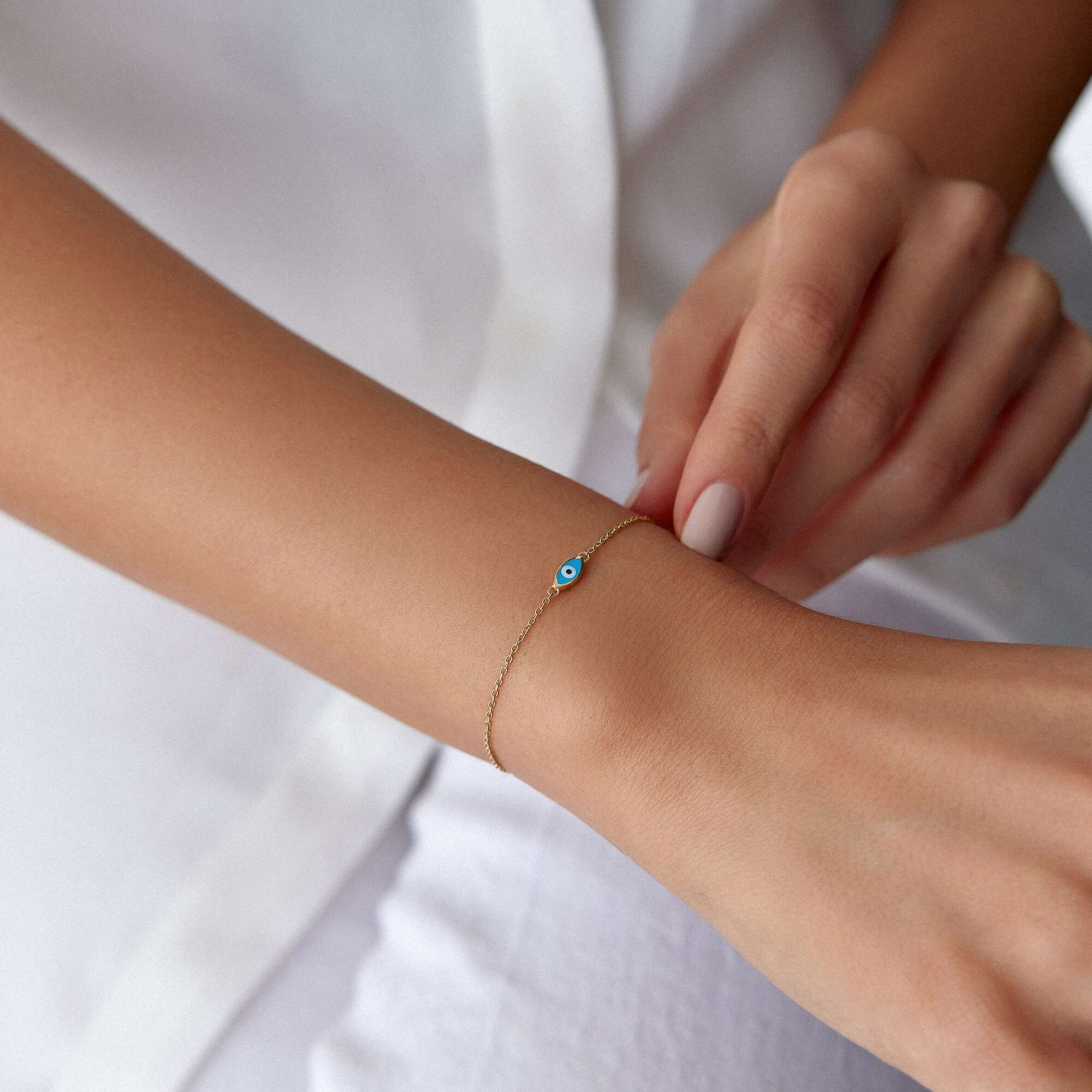 Ocean Blue Evil Eye Bracelet in 14K Gold