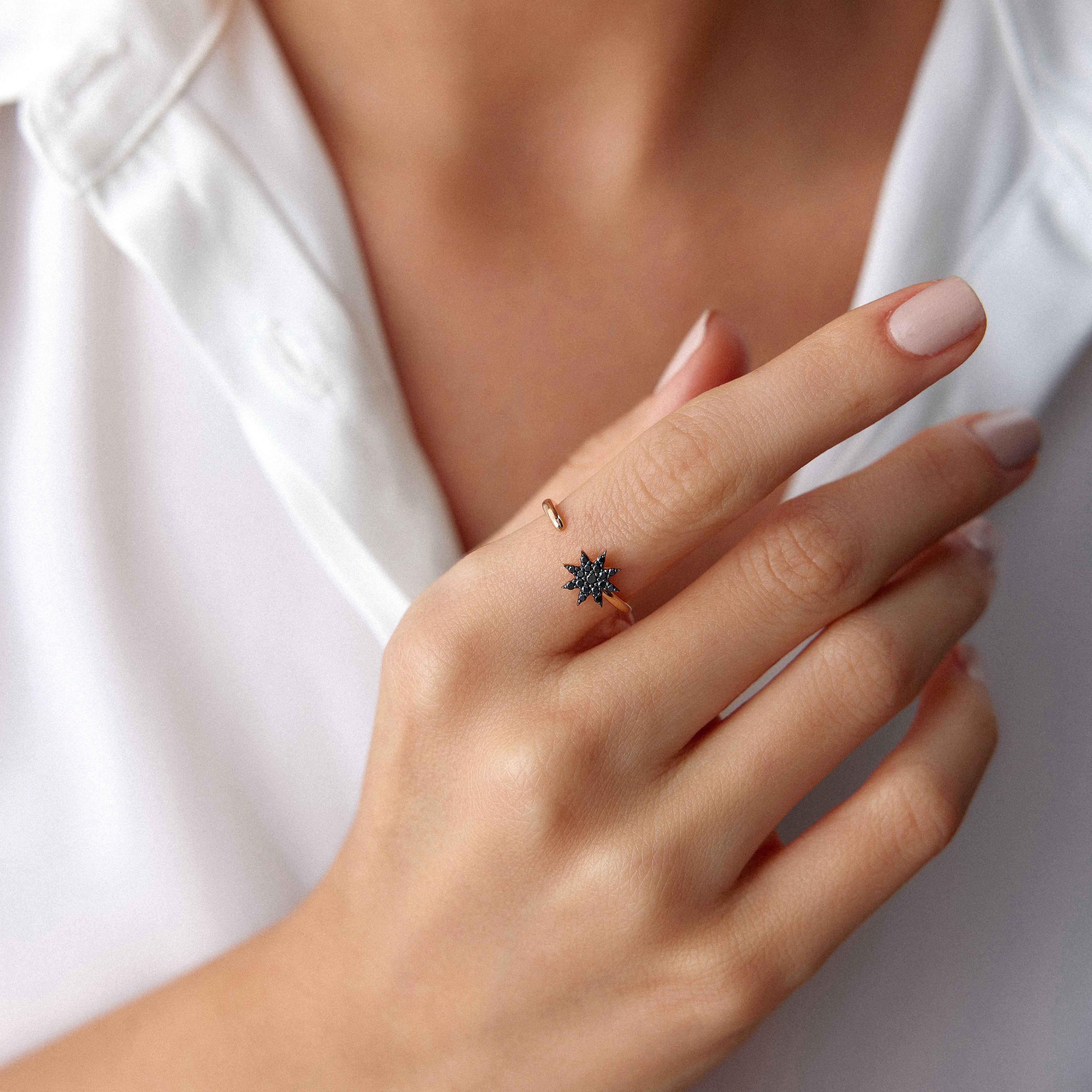 Black Diamond Starburst Ring in 14K Gold
