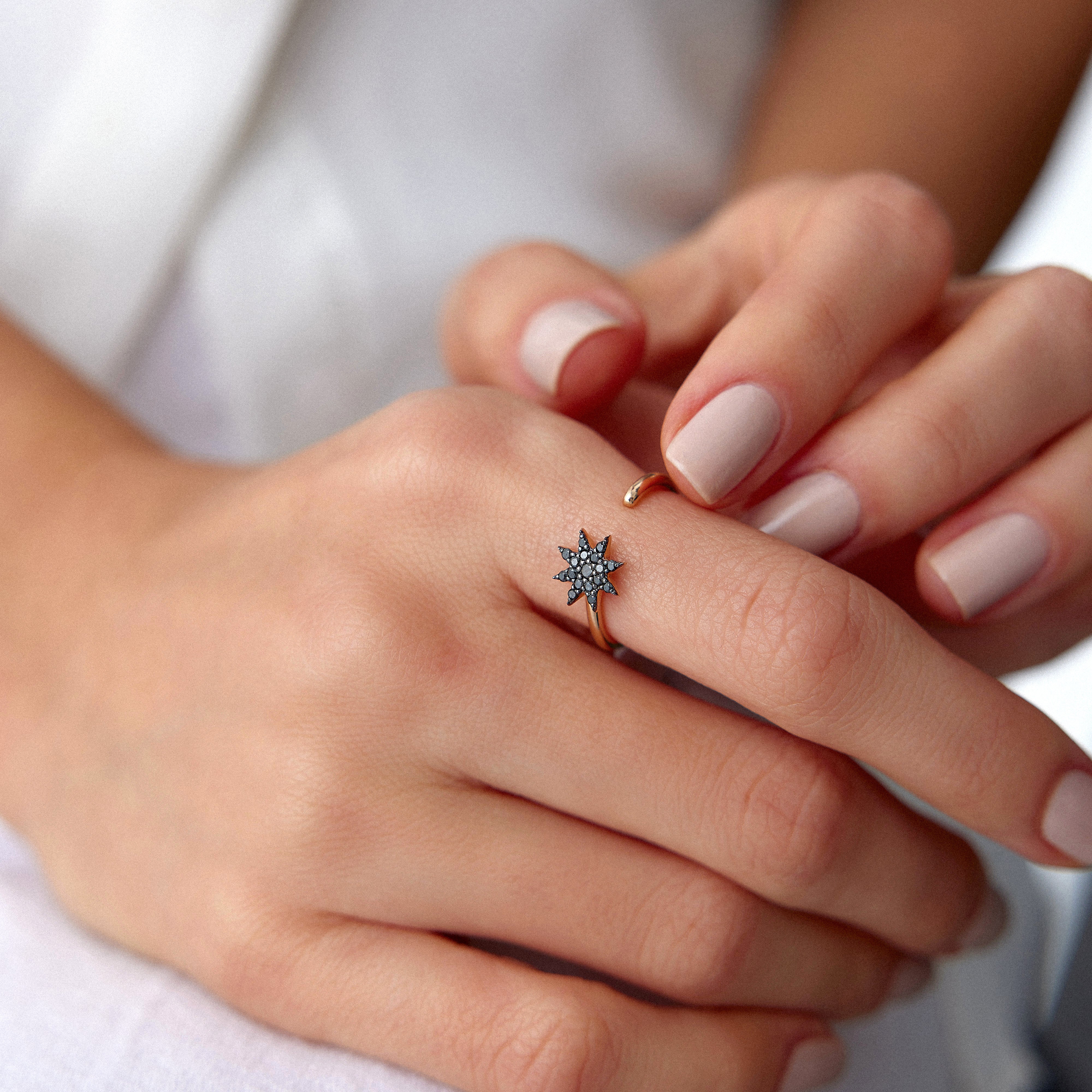 Black Diamond Starburst Ring in 14K Gold