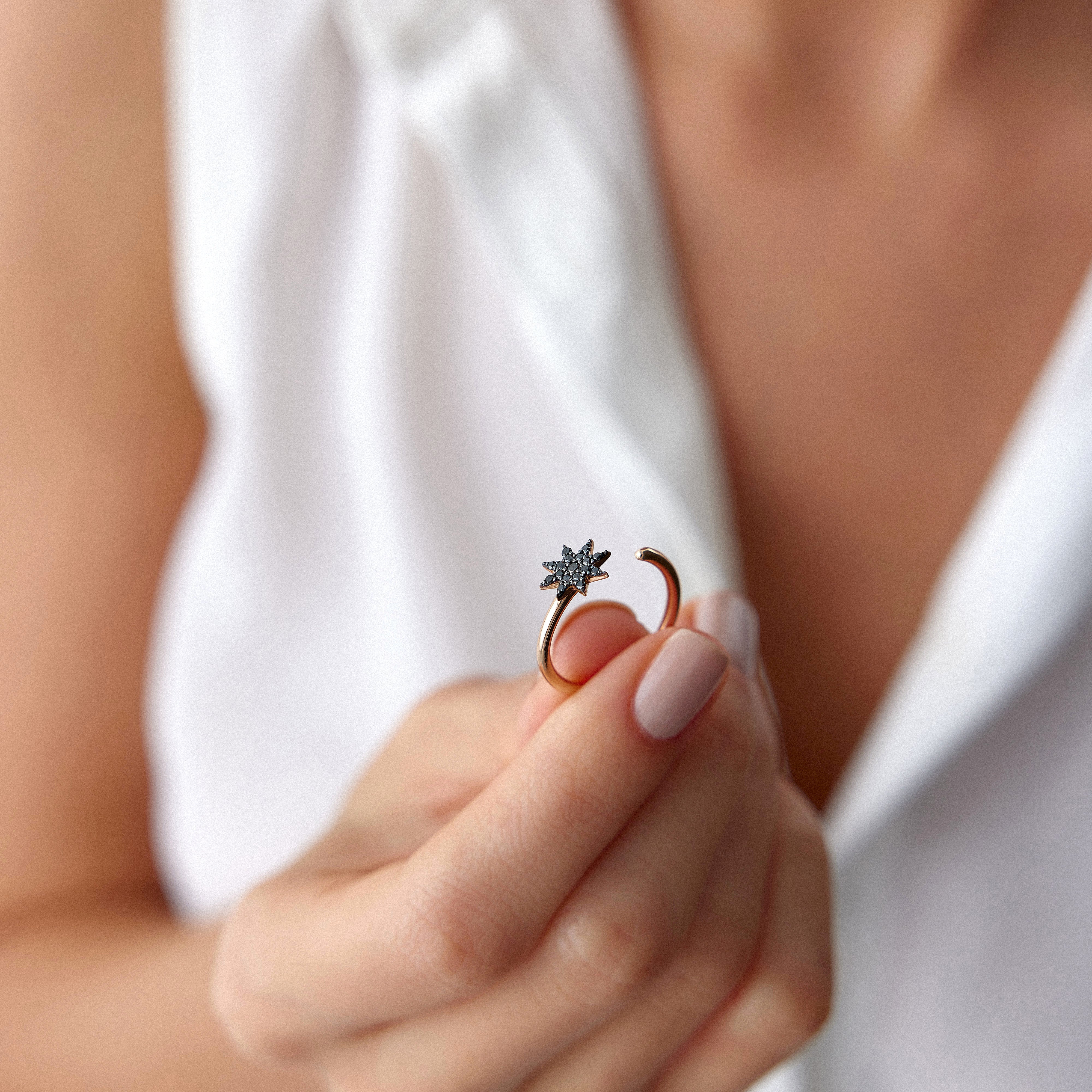 Black Diamond Starburst Ring in 14K Gold