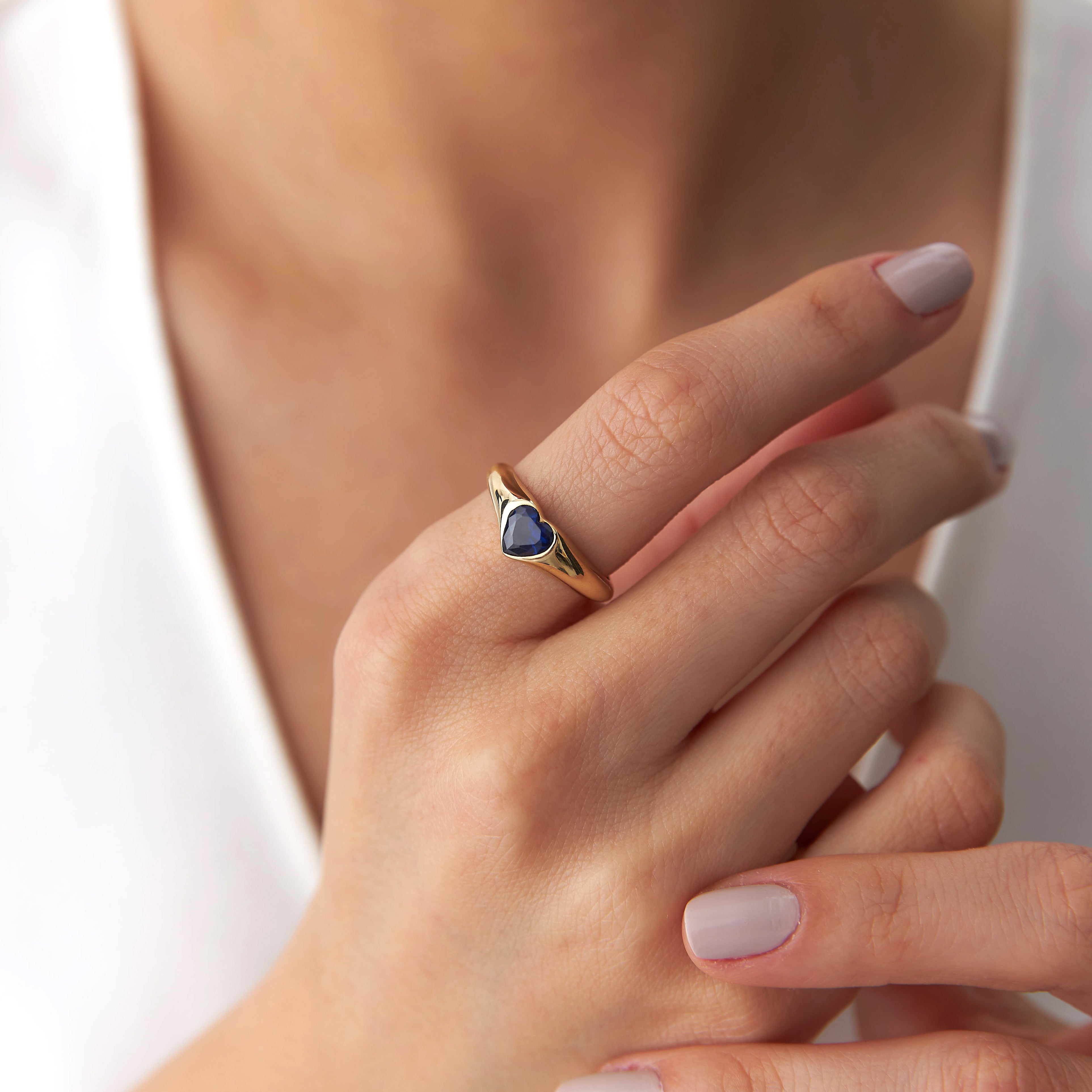 Blue Heart Cut Gemstone Ring in 14K Gold