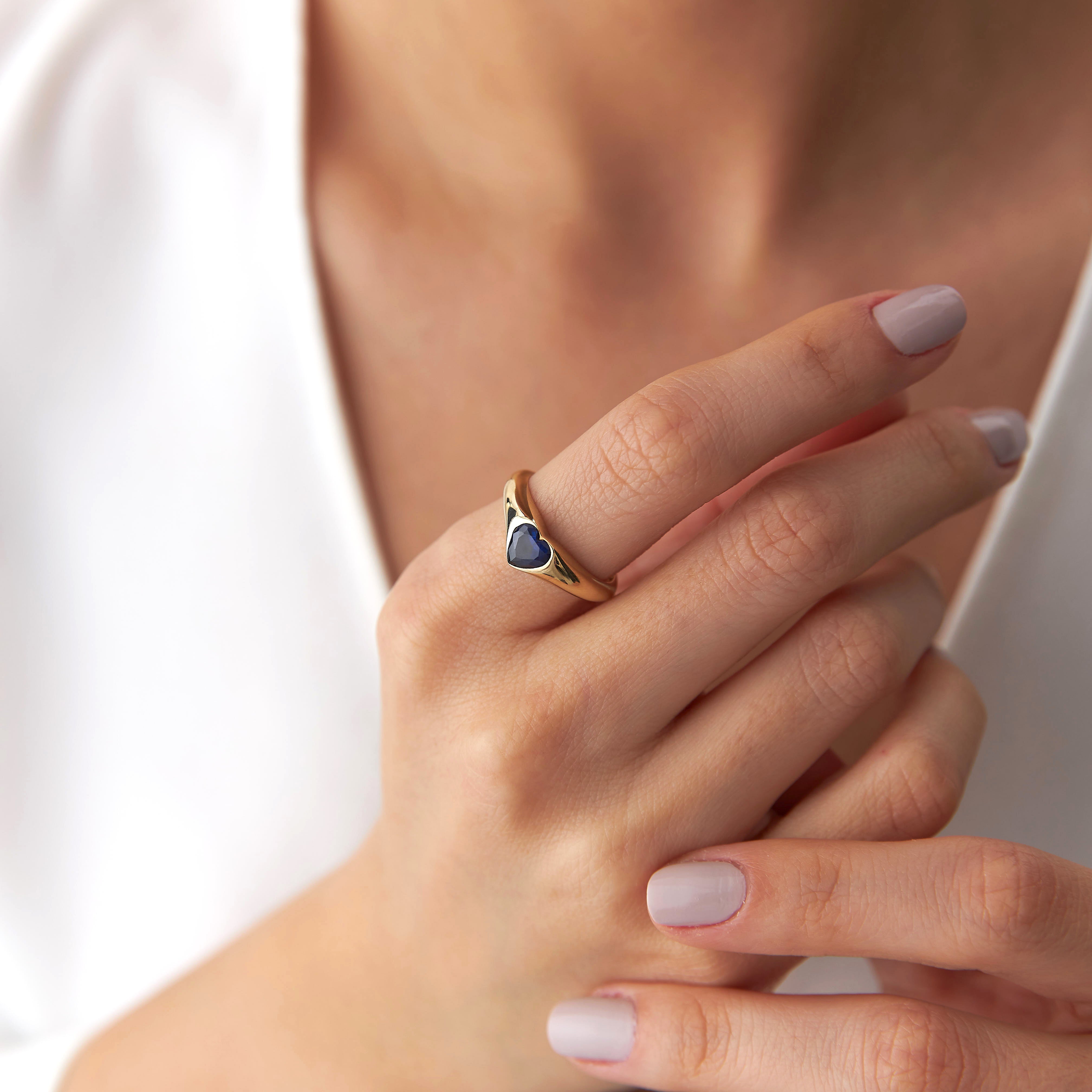 Blue Heart Cut Gemstone Ring in 14K Gold