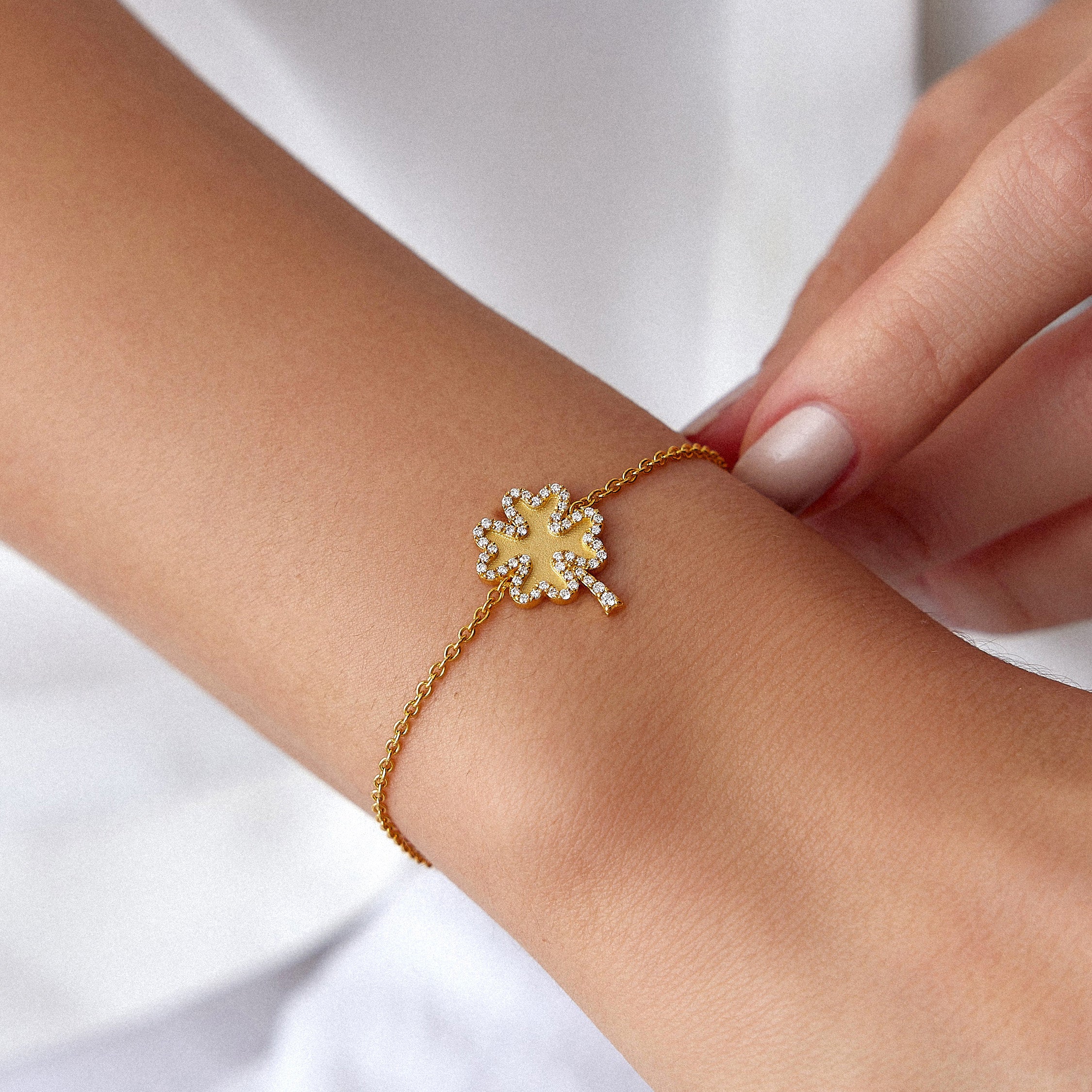 Diamond Matte Clover Bracelet Available in 14K and 18K Gold