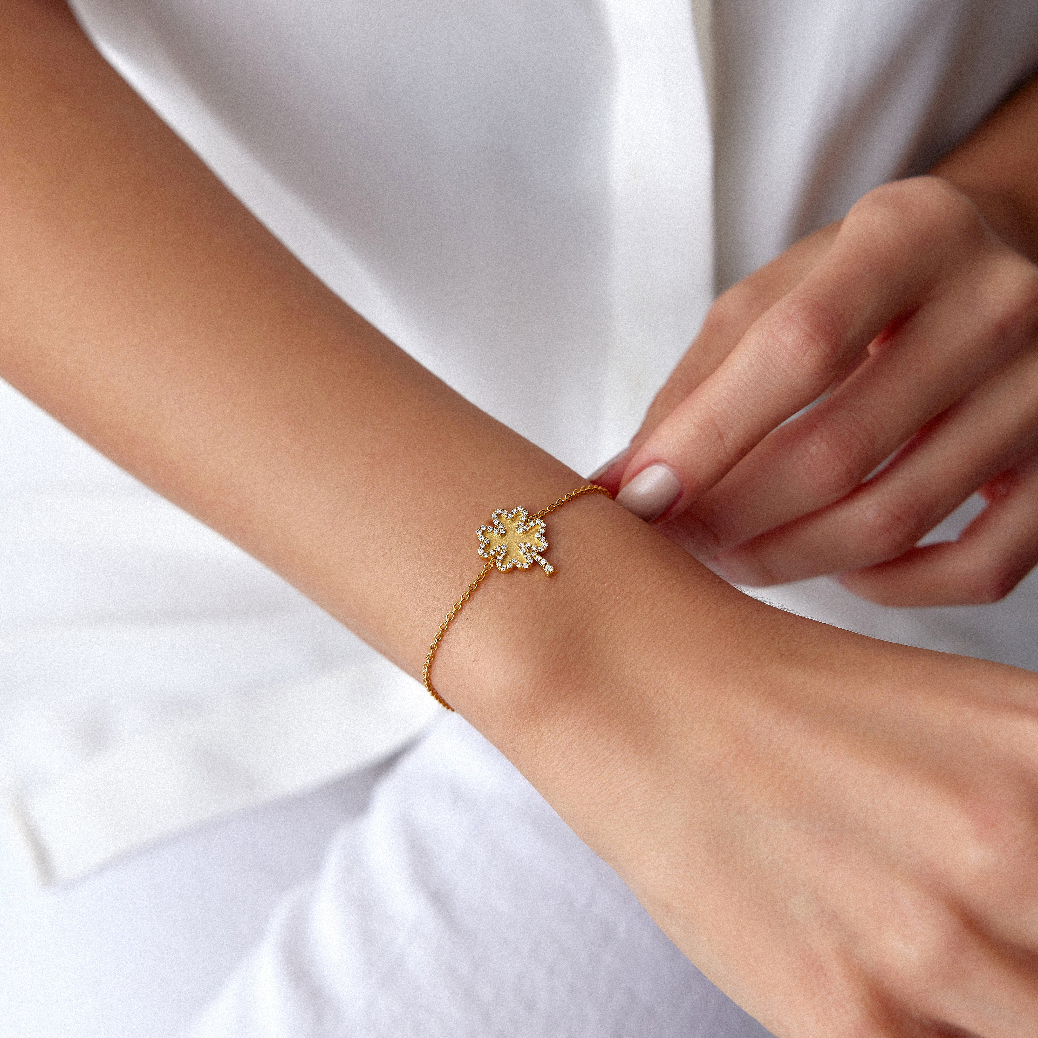 Diamond Matte Clover Bracelet Available in 14K and 18K Gold