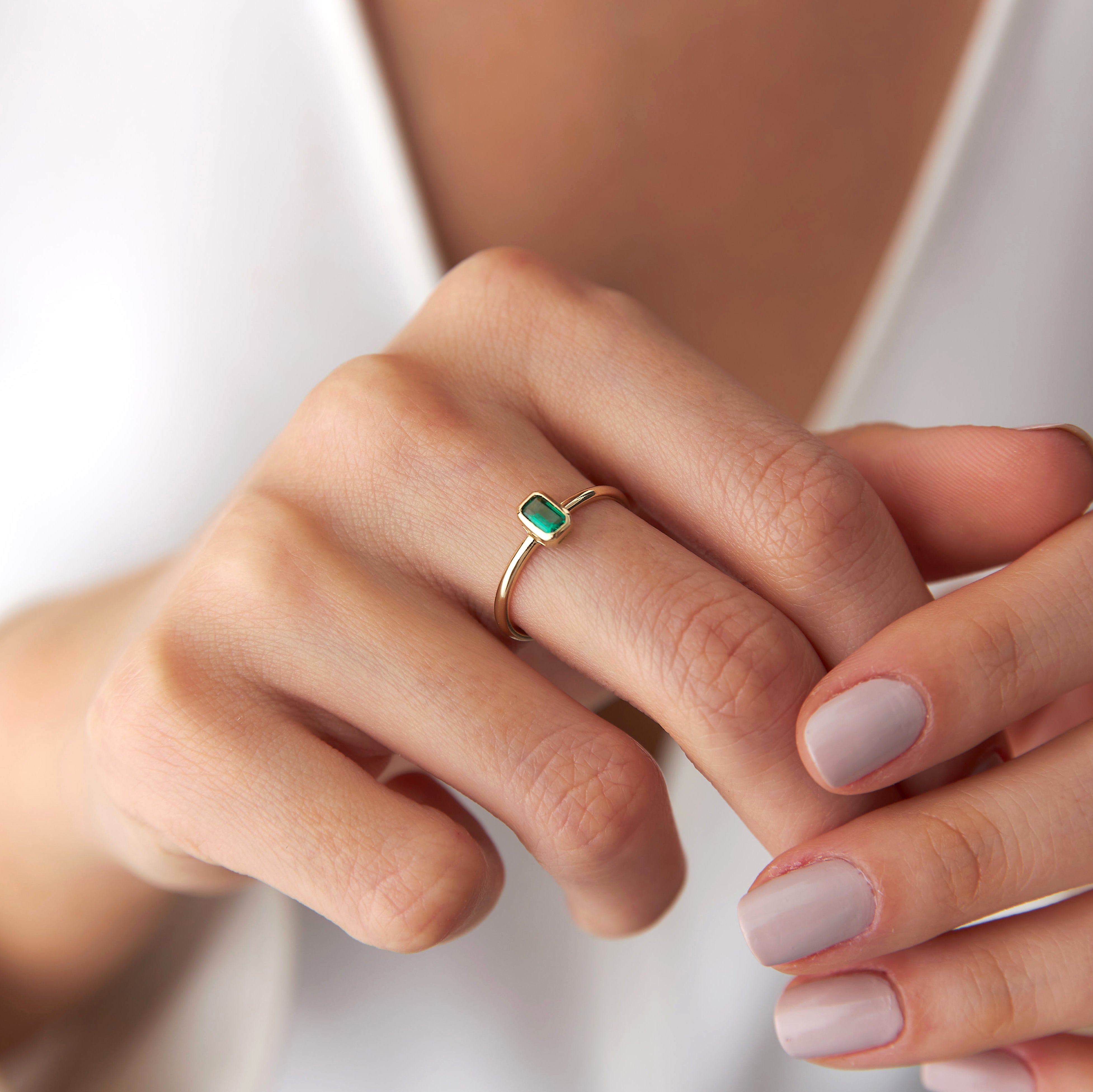 Emerald Cut Green Gemstone Ring in 14K Gold