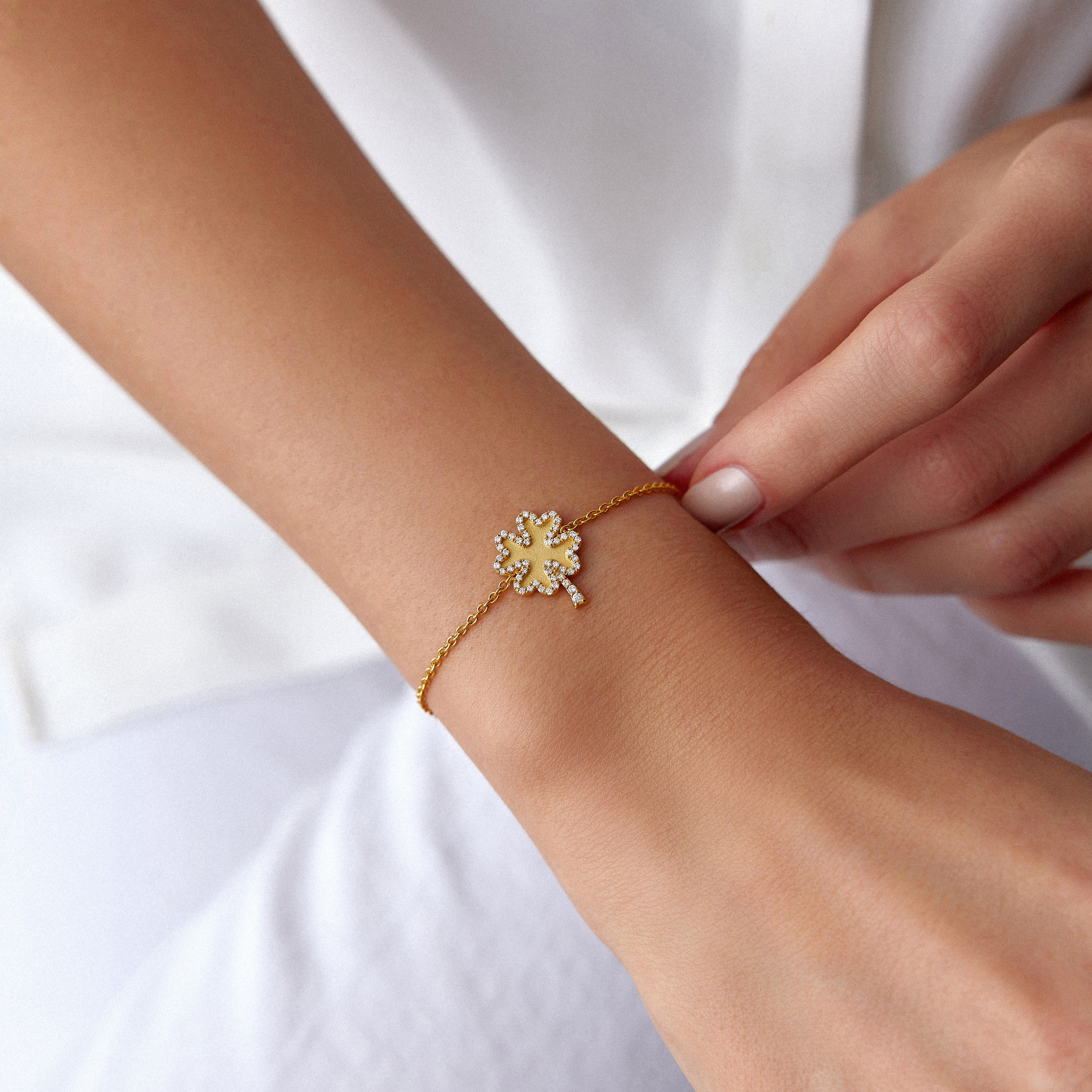 Diamond Matte Clover Bracelet Available in 14K and 18K Gold