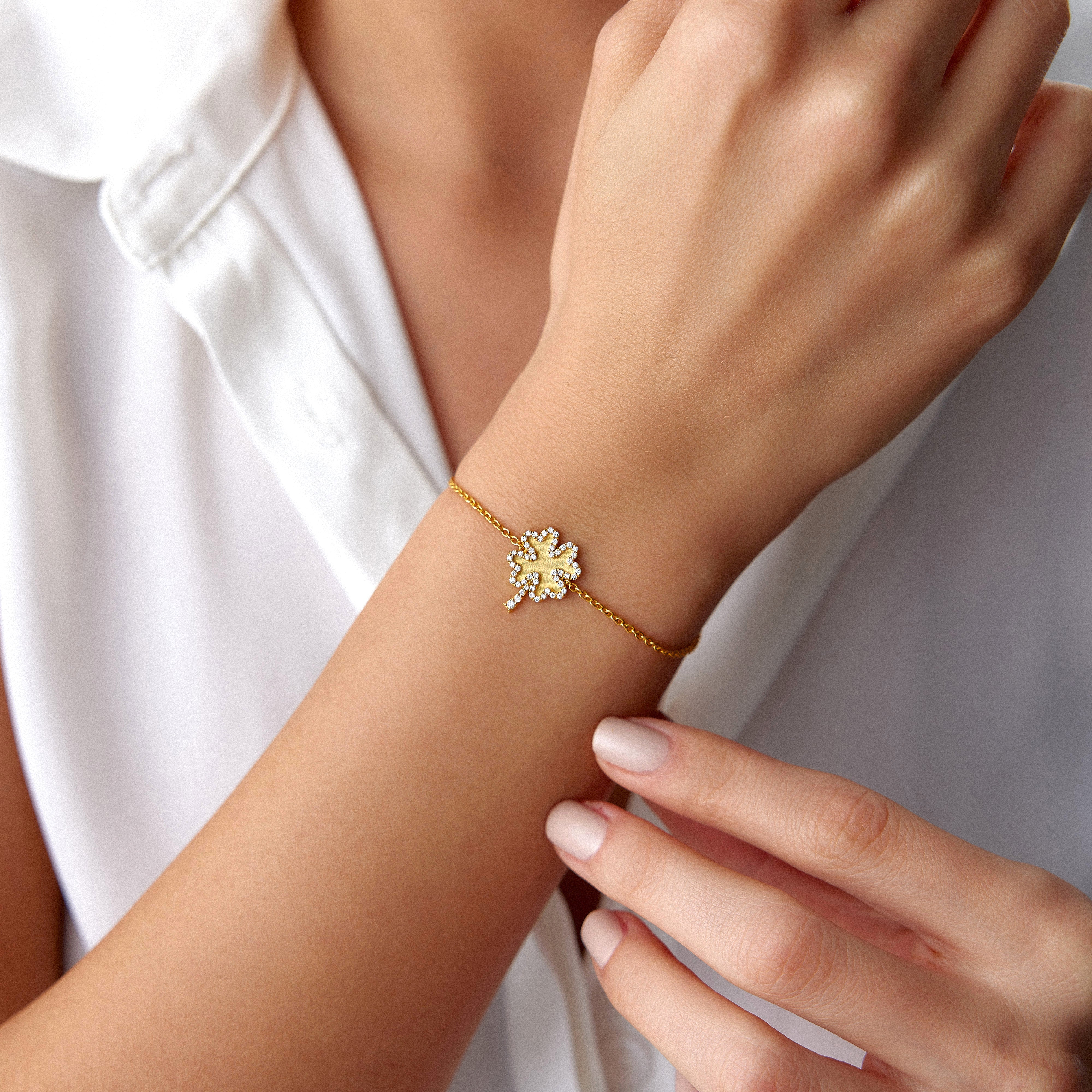 Diamond Matte Clover Bracelet Available in 14K and 18K Gold