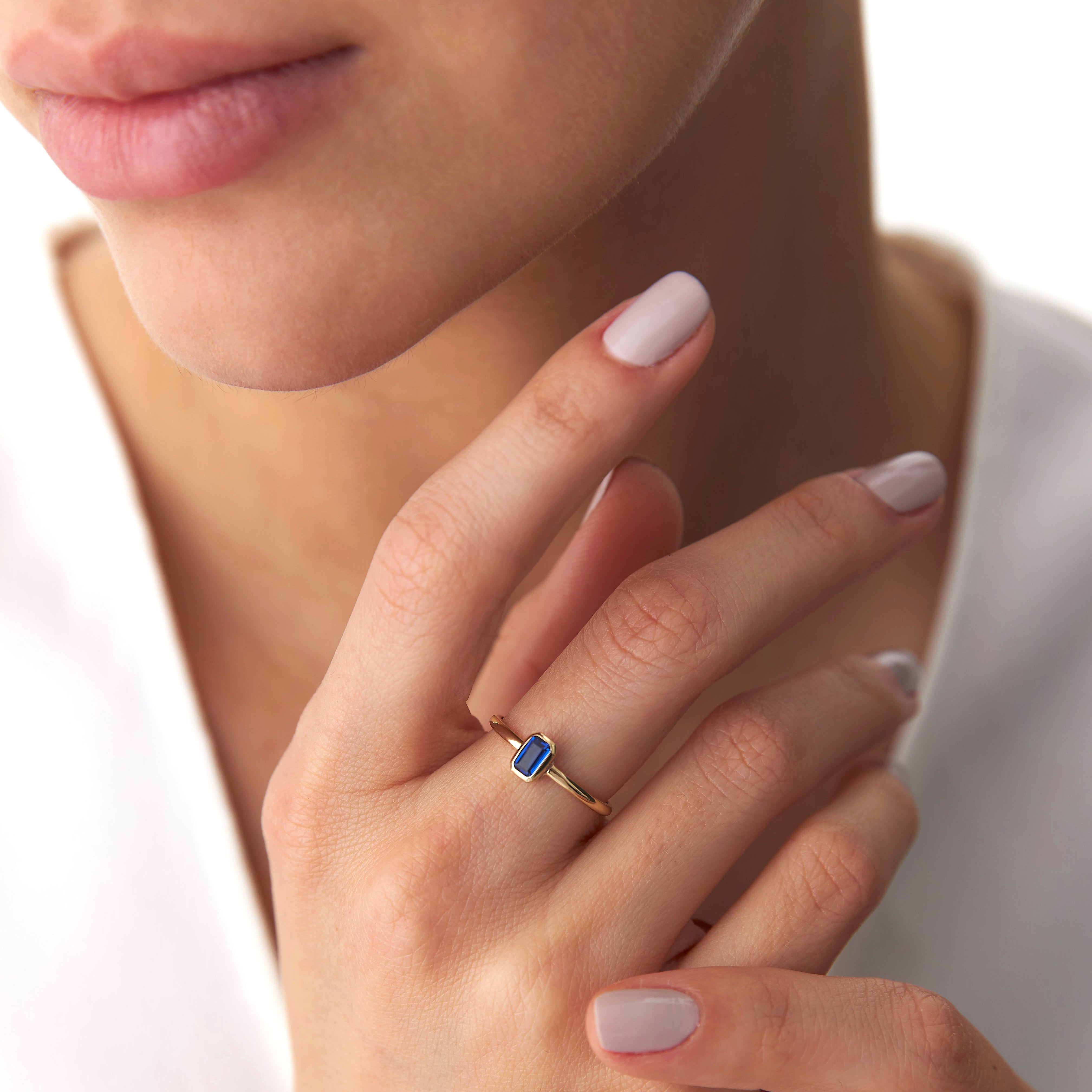 Emerald Cut Blue Gemstone Ring in 14K Gold
