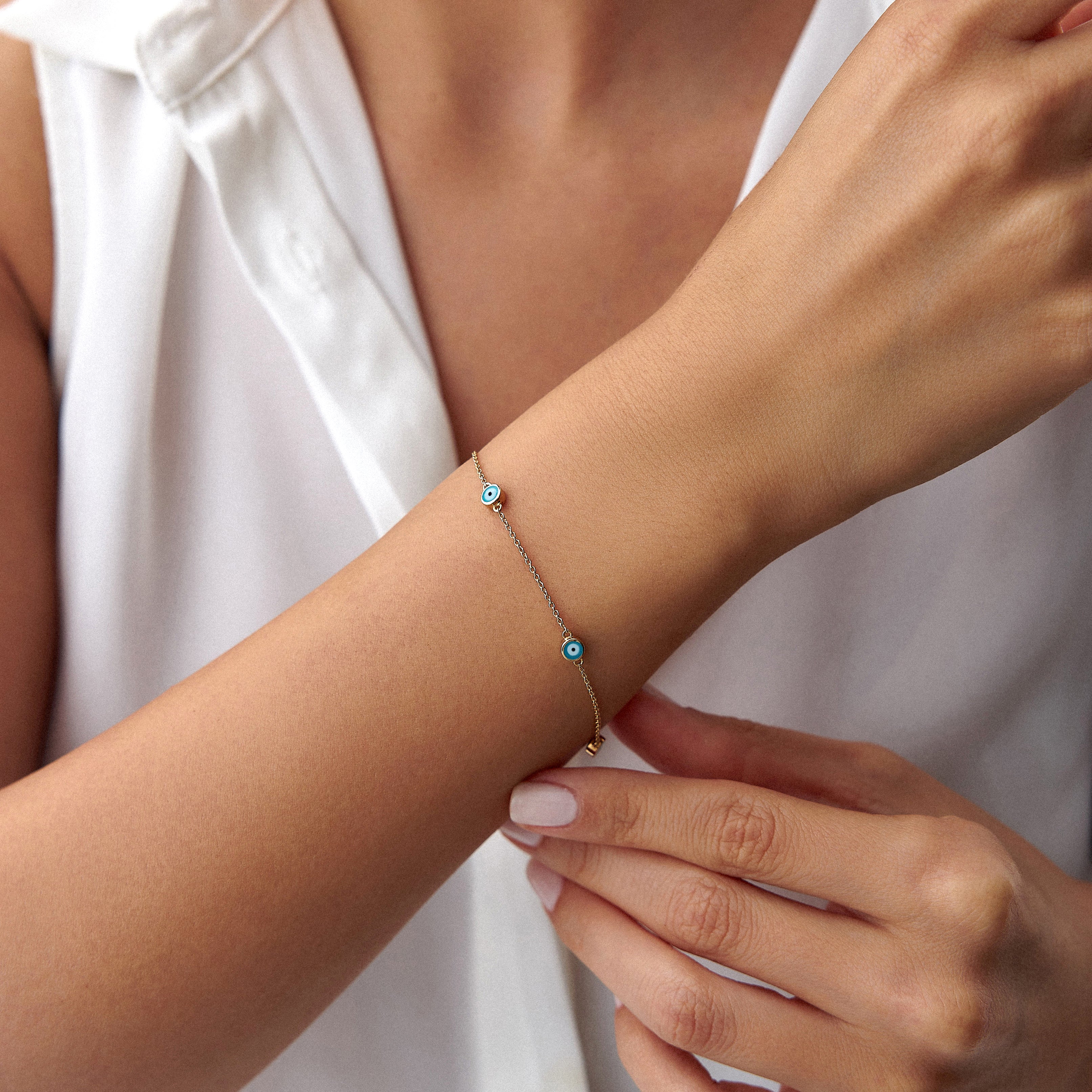 5 Ocean Blue Evil Eye Bracelet in 14K Gold