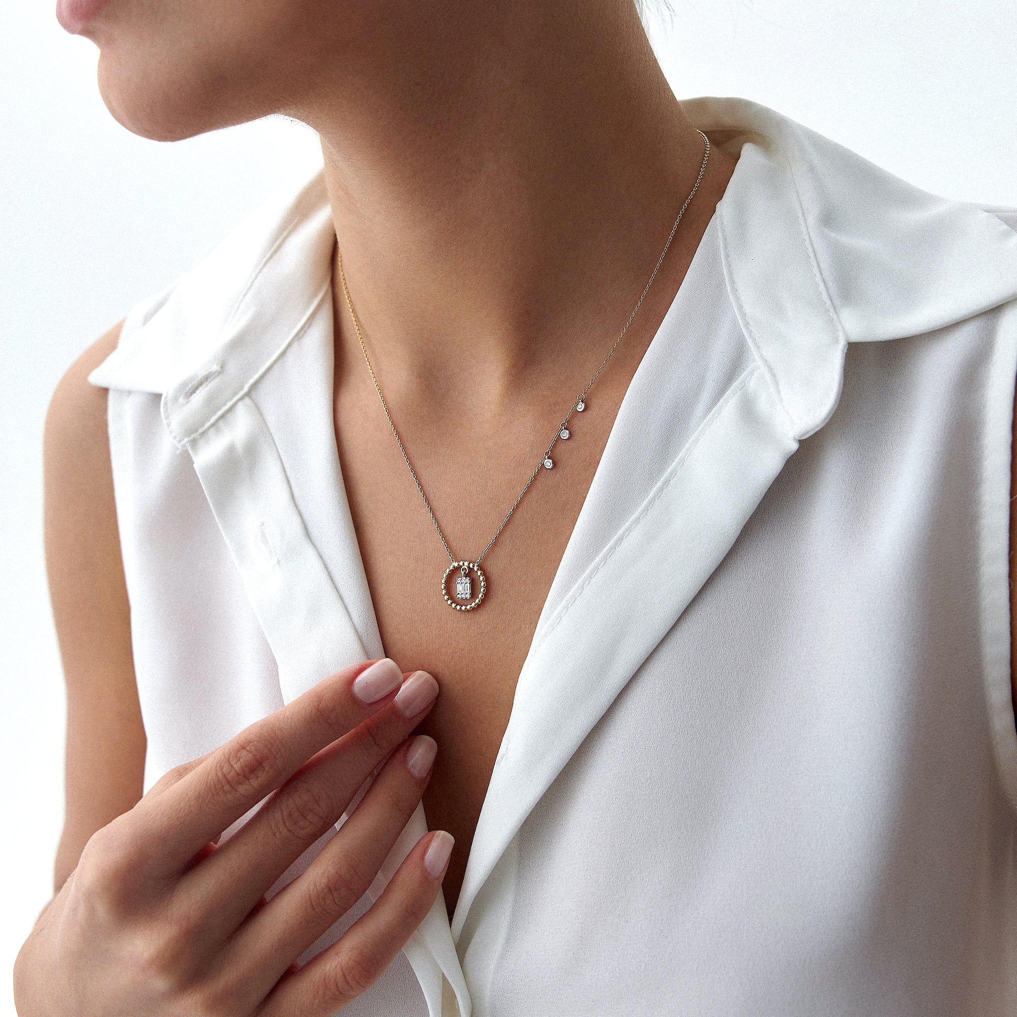 Diamond Circle Necklace With Dangling Bezel Charms