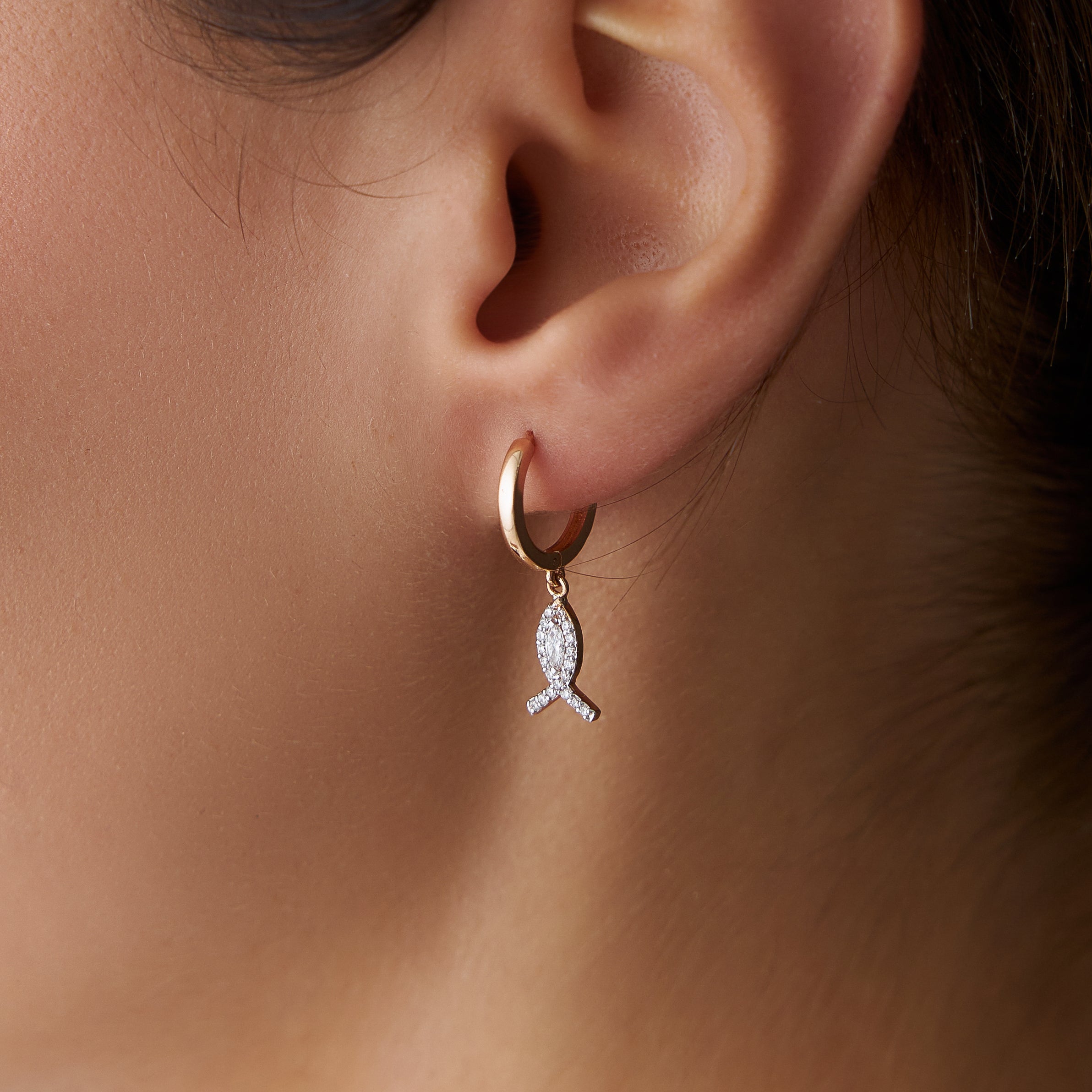 Diamond Fish Hoop Earrings in 14K Gold