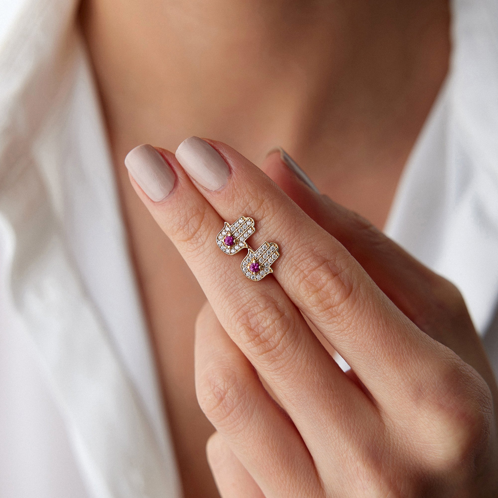 Hamsa Stud Earrings in 14K Gold