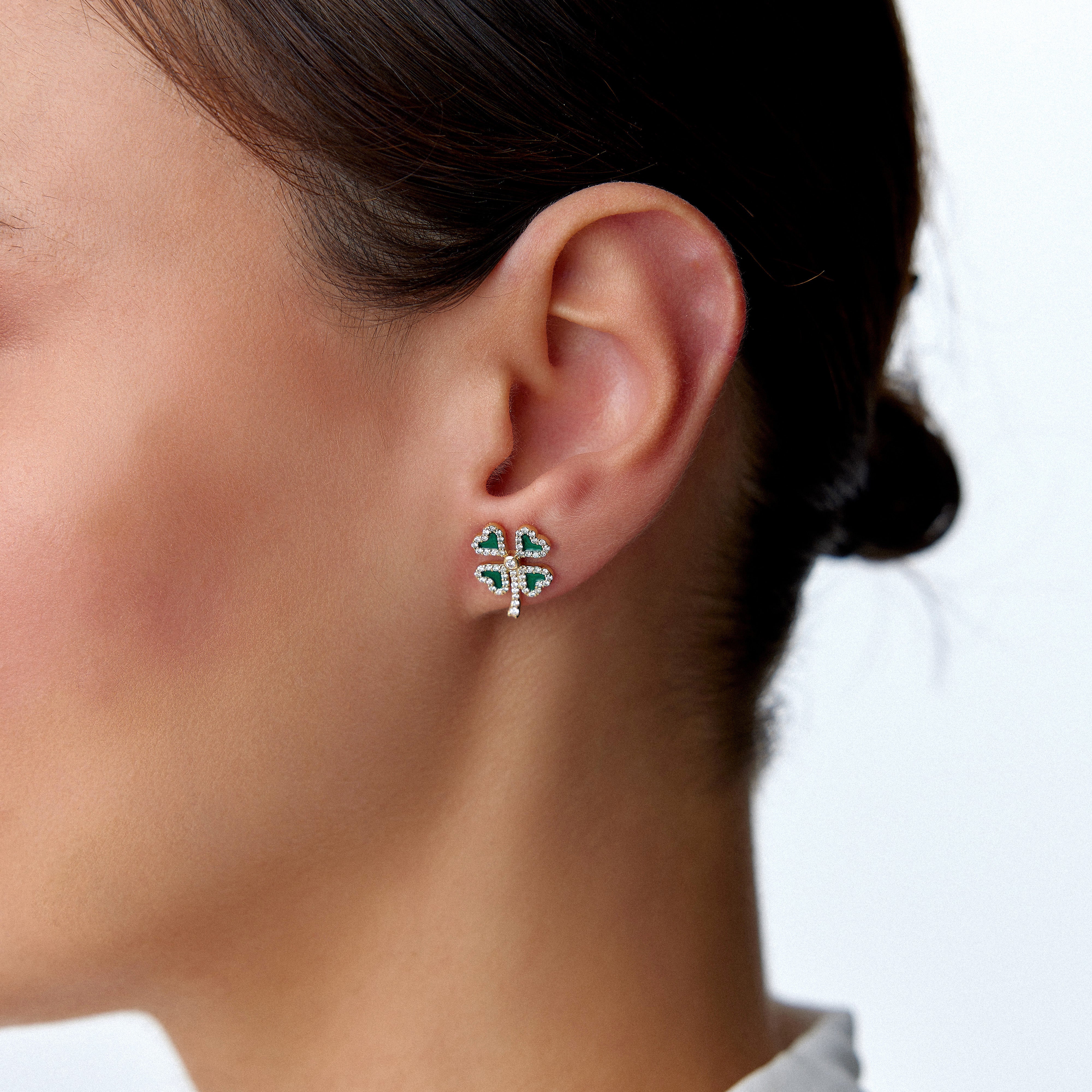 Diamond Green Clover Stud Earrings / FORTUNA
