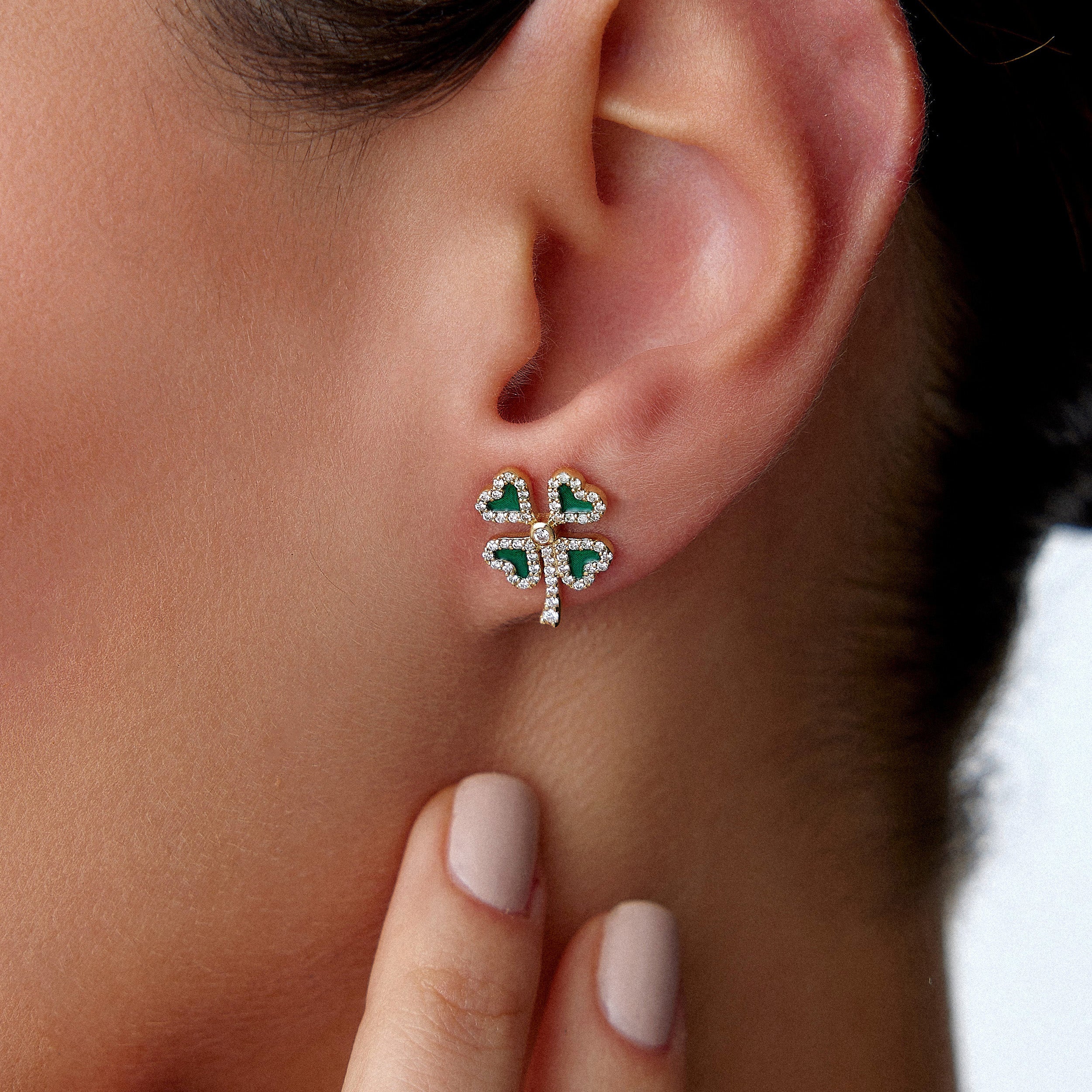 Diamond Green Clover Stud Earrings / FORTUNA